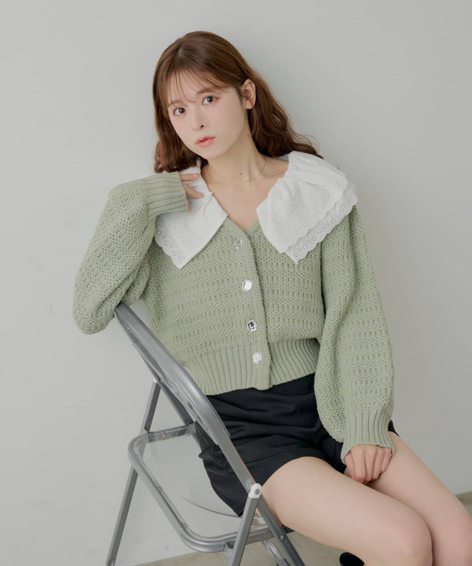 Chico(チコ) 【SALON by Chico】フリルダブルカラー柄編みカーディガン