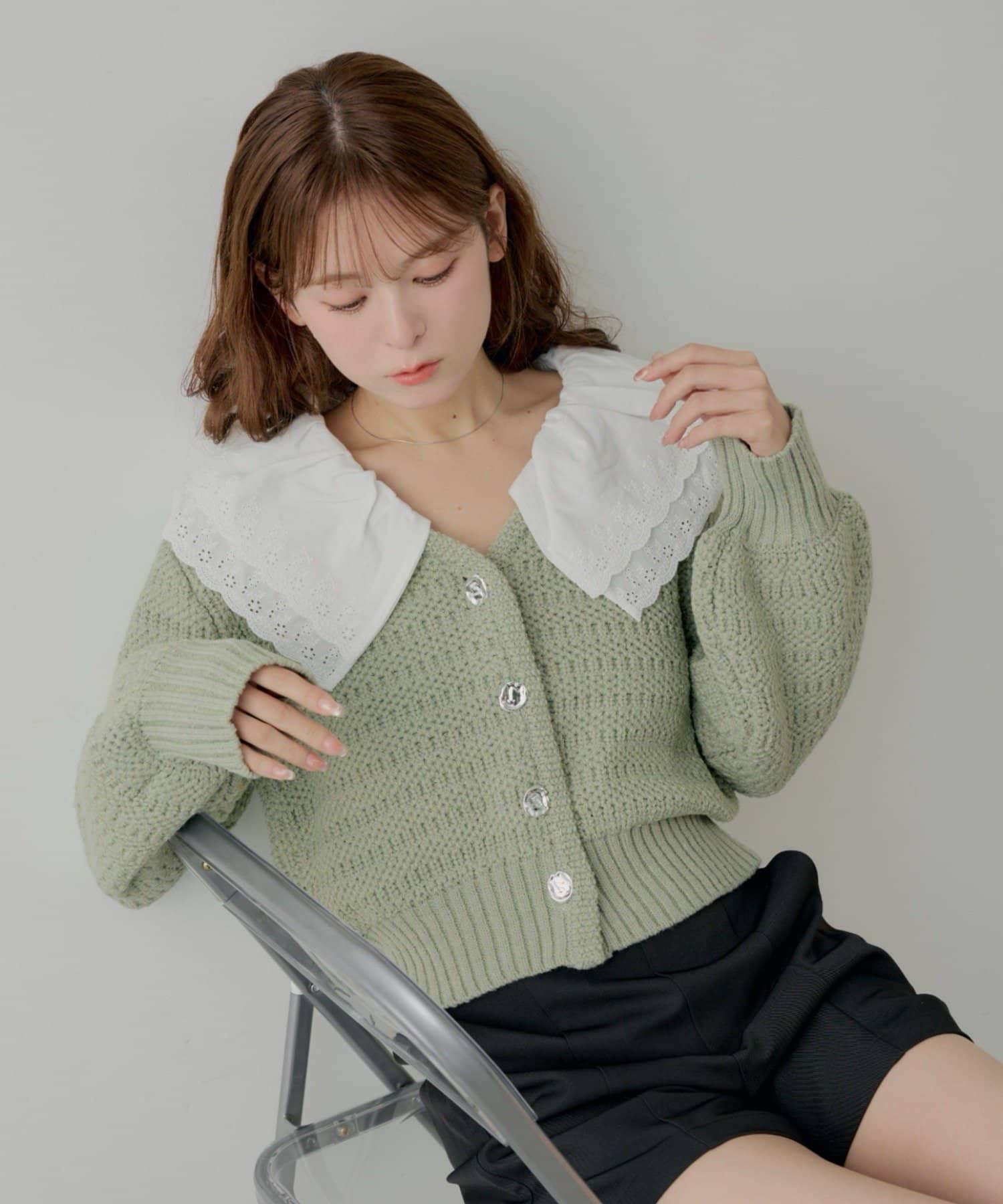 Chico(チコ) 【SALON by Chico】フリルダブルカラー柄編みカーディガン