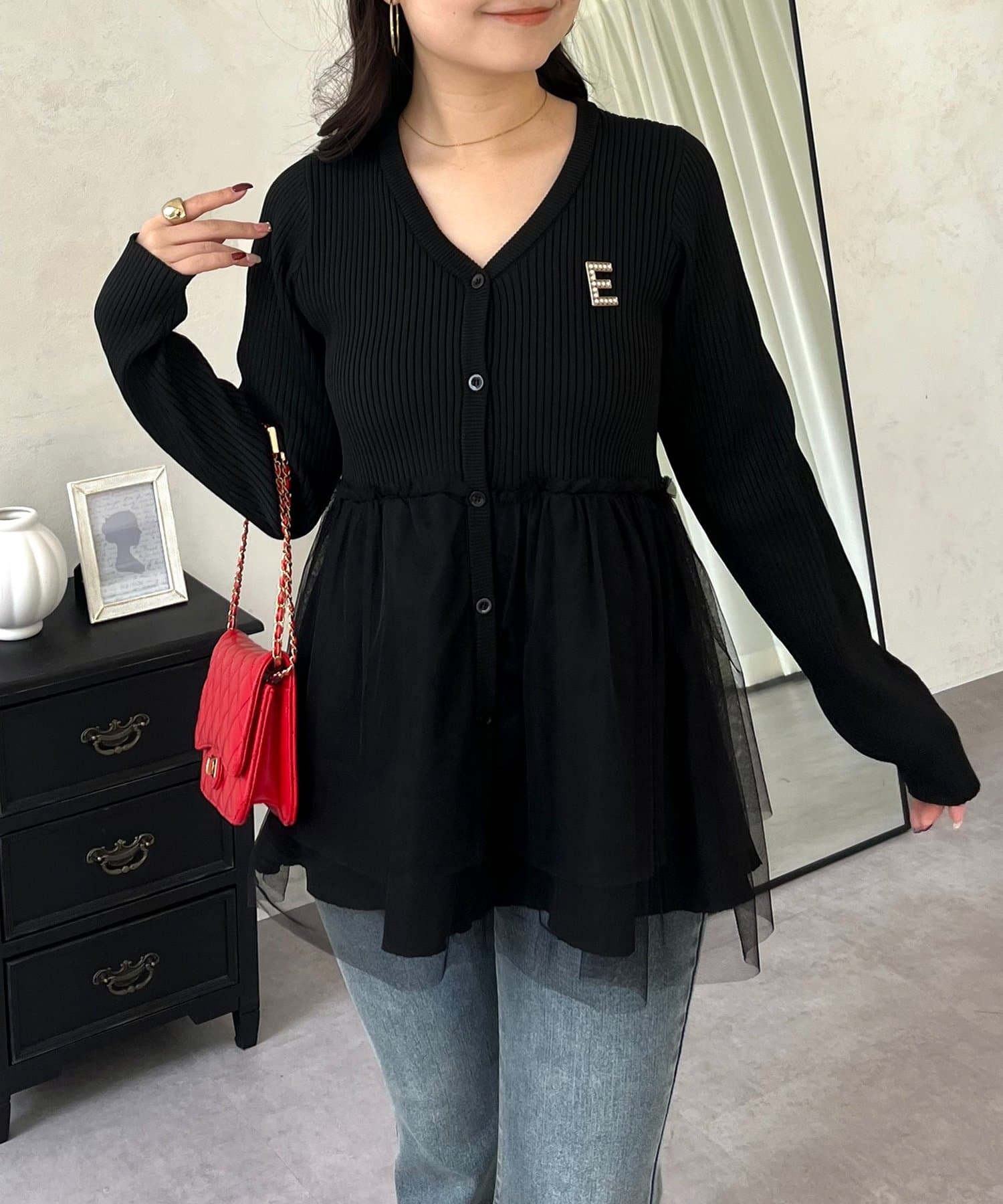 prose verse(プロズヴェール) チュールレイヤードVネックペプラムカーディガン