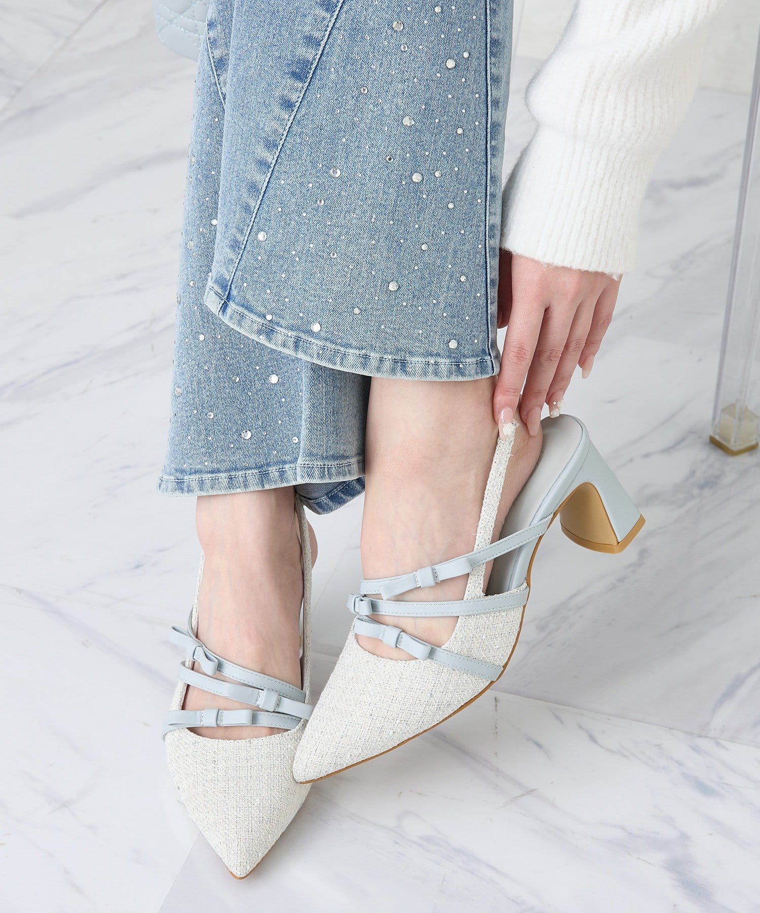 one after another NICE CLAUP(ワンアフターアナザー ナイスクラップ) リボンミュール/サックスツイード