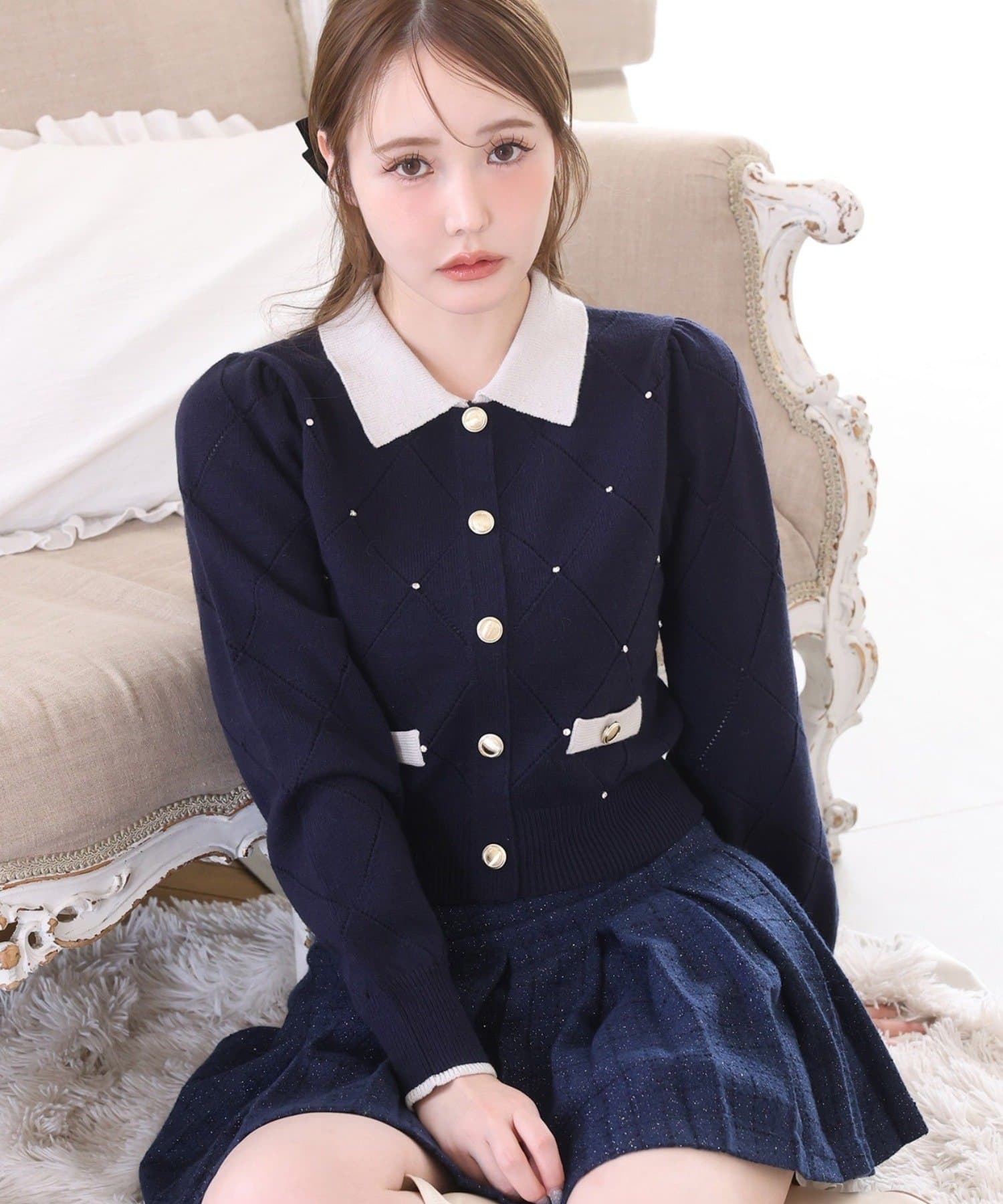 one after another NICE CLAUP(ワンアフターアナザー ナイスクラップ) 配色ビジュー付ポロニット