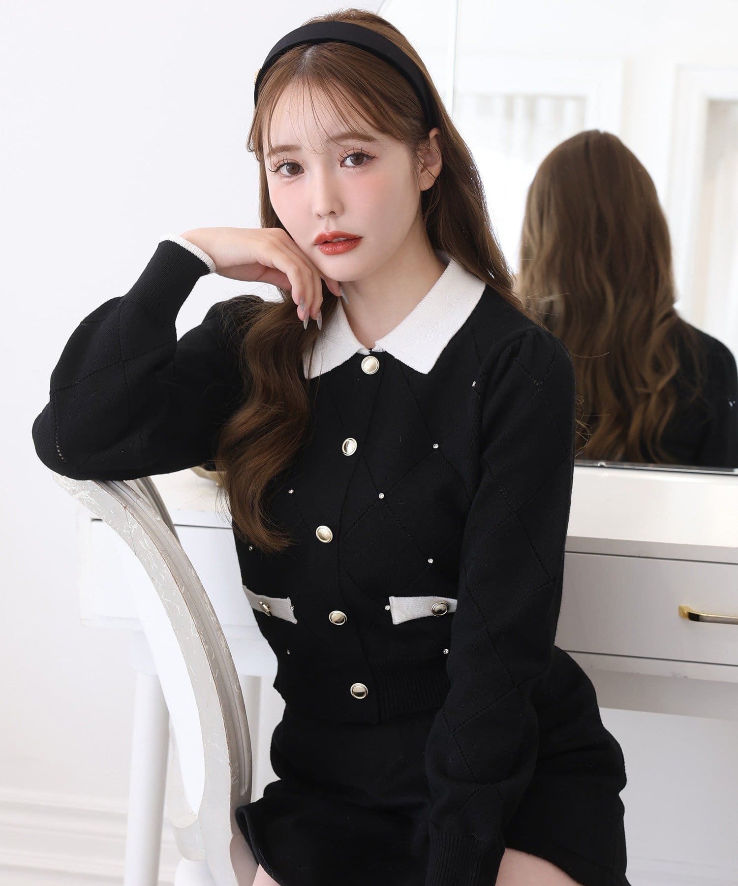 one after another NICE CLAUP(ワンアフターアナザー ナイスクラップ) 配色ビジュー付ポロニット