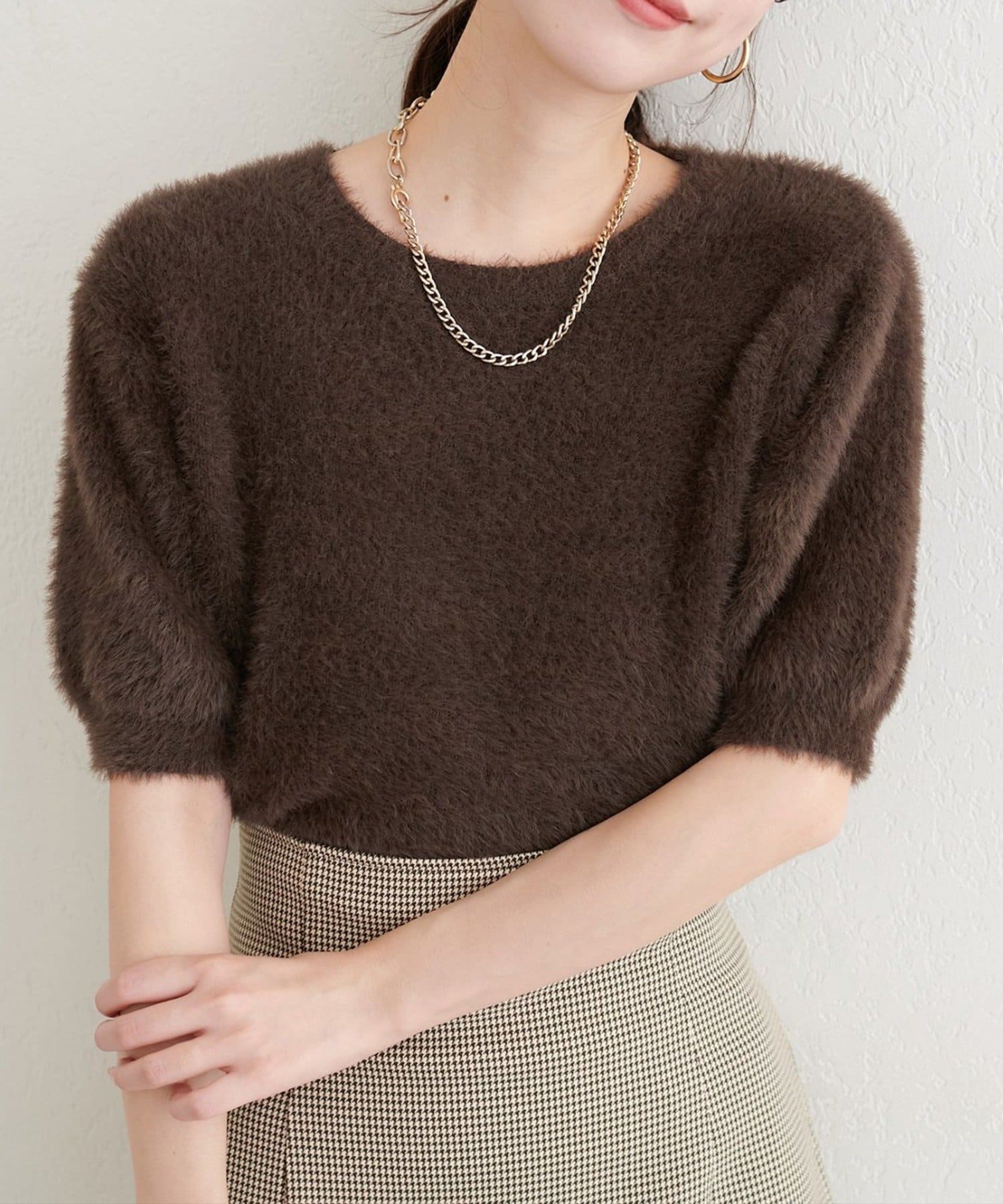 NICE CLAUP / OLIVE des OLIVE OUTLET(ナイスクラップ  / オリーブ デ オリーブ アウトレット) 【natural couture】フェザーヤーン半袖ニットプルオーバー