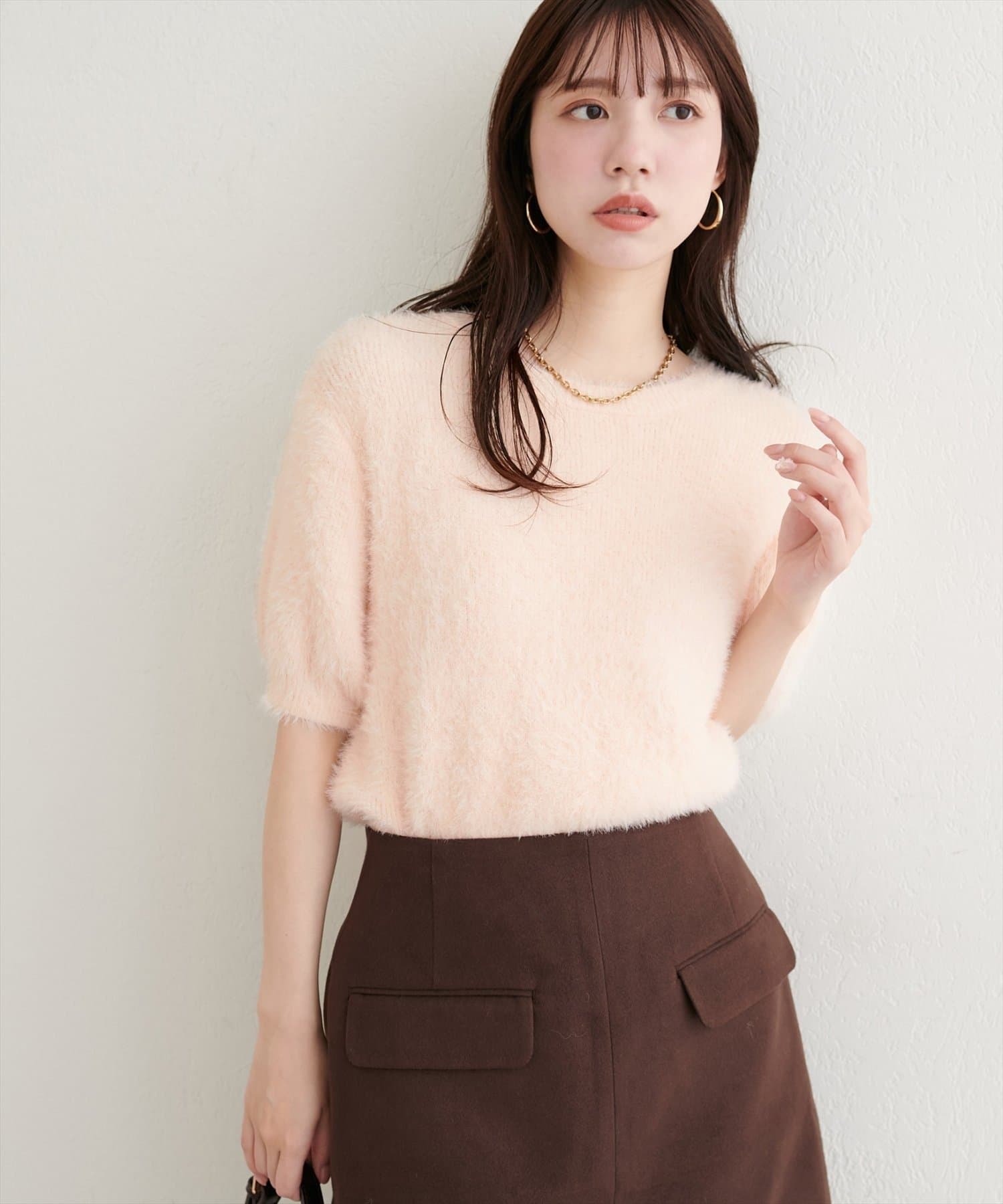 NICE CLAUP / OLIVE des OLIVE OUTLET(ナイスクラップ  / オリーブ デ オリーブ アウトレット) 【natural couture】フェザーヤーン半袖ニットプルオーバー