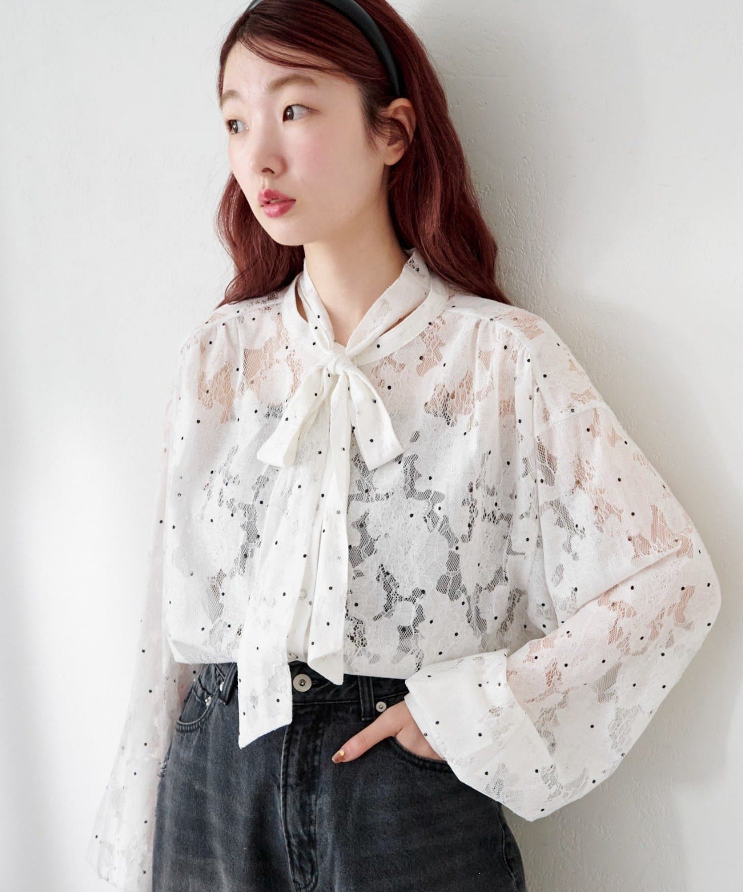Kastane(カスタネ) ドットレースボウタイブラウス