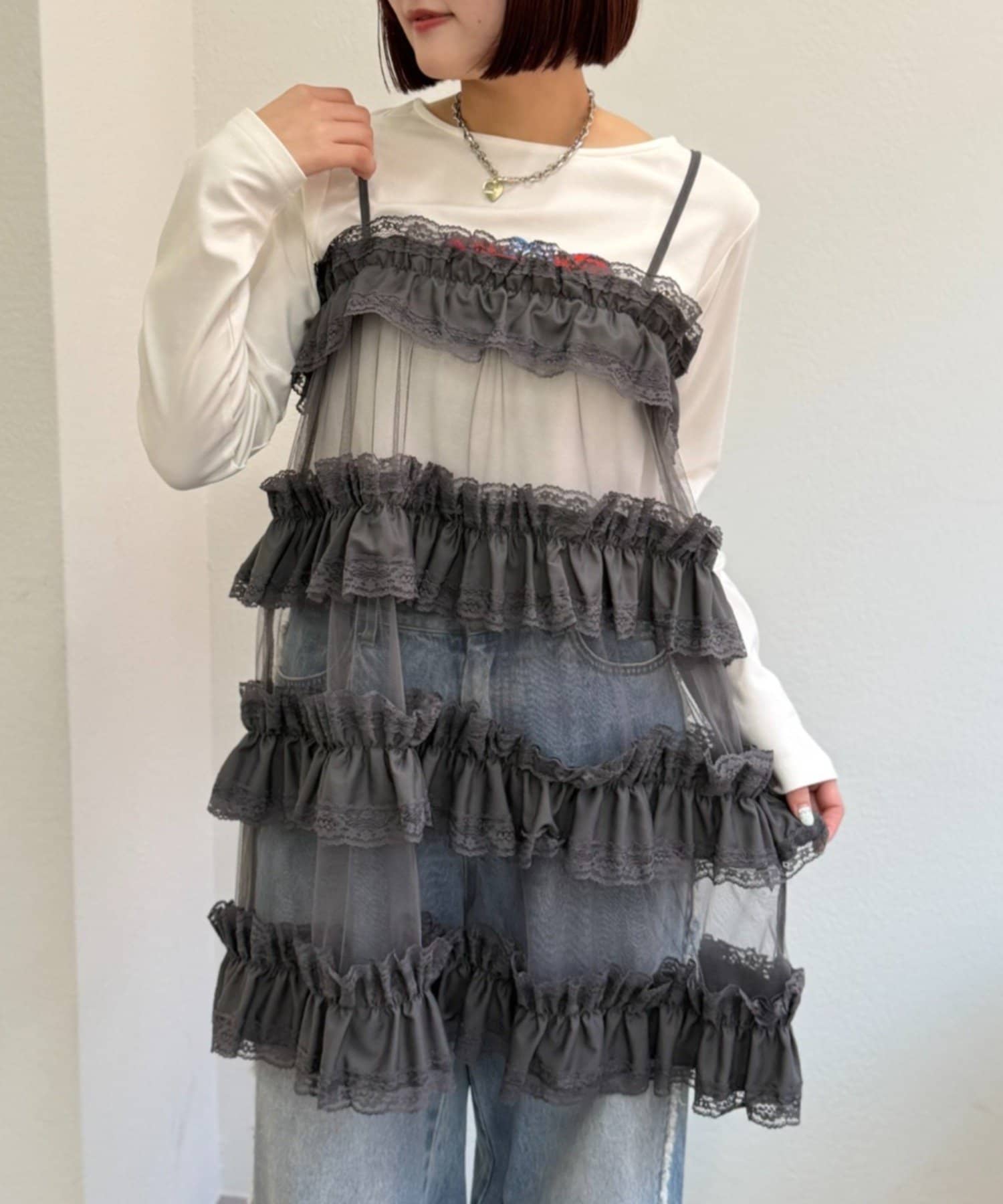 w closet(ダブルクローゼット) 【リバイバルアイテム】レースティアードミニキャミワンピ