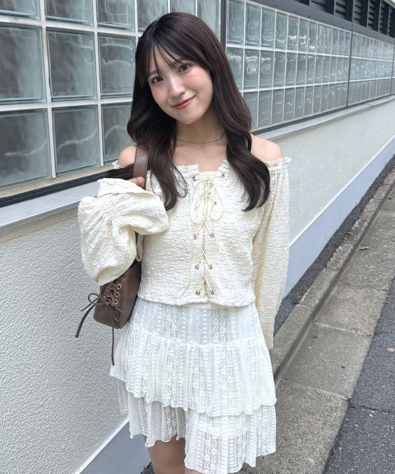 OUTLET(アウトレット) 【mystic】レースアップ ジャガードブラウス