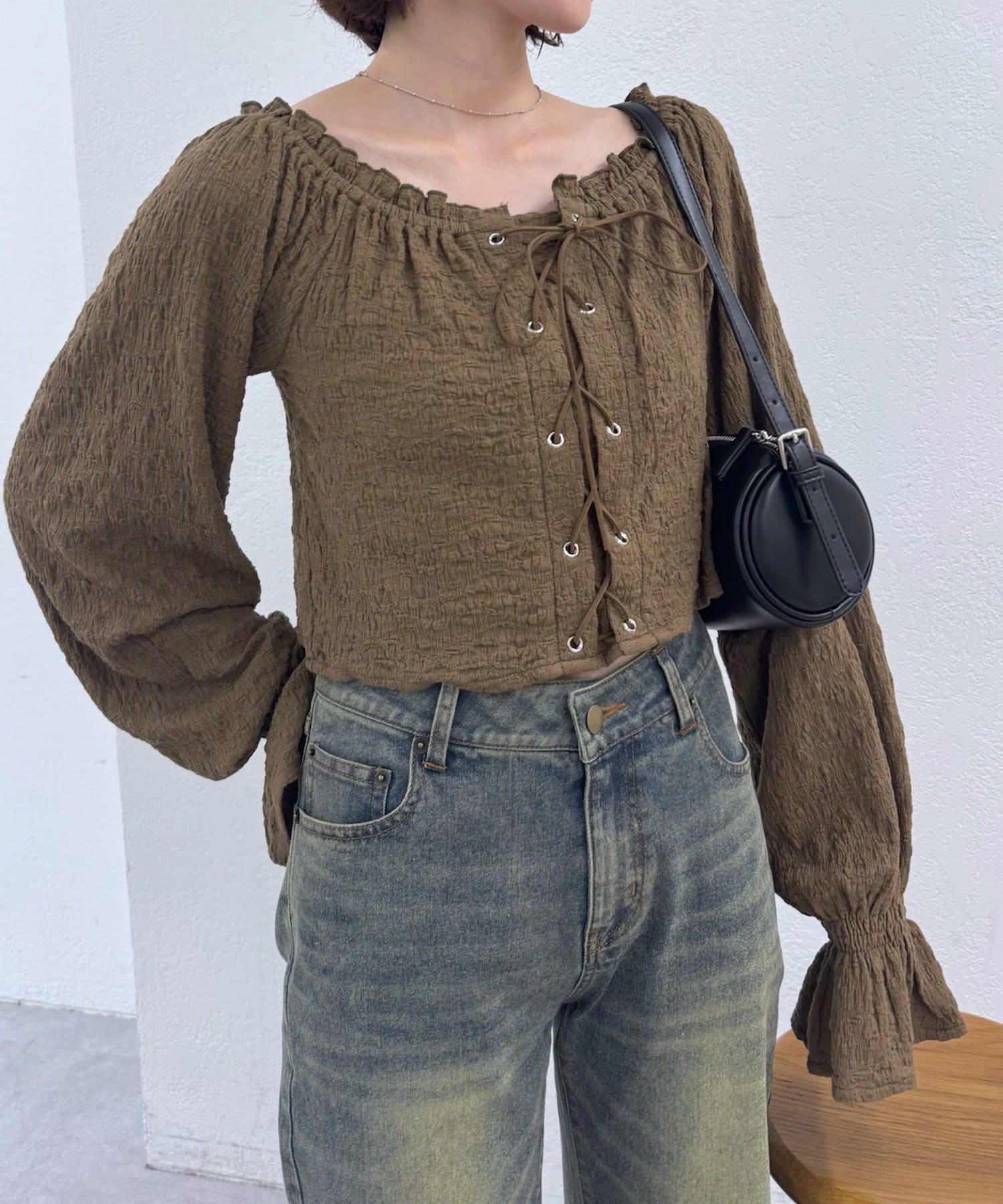 OUTLET(アウトレット) 【mystic】レースアップ ジャガードブラウス