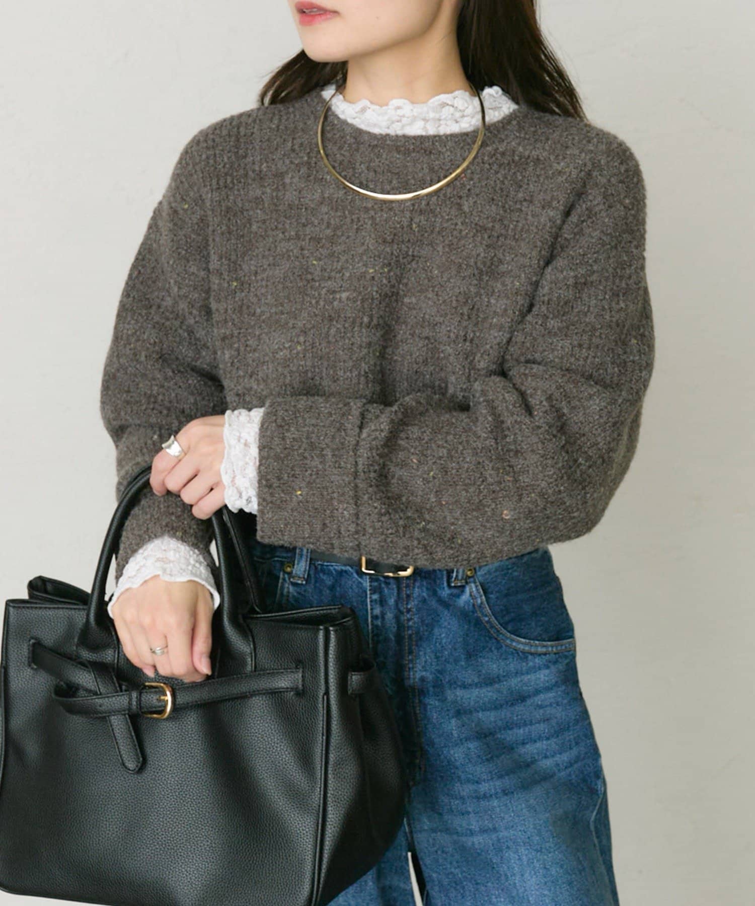 PUAL CE CIN(ピュアルセシン) ネップクルーネックニットプルオーバー