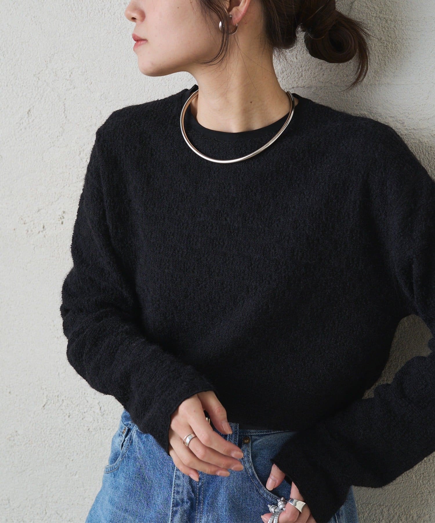 PUAL CE CIN(ピュアルセシン) シャギー花柄ストレッチジャガードプルオーバー