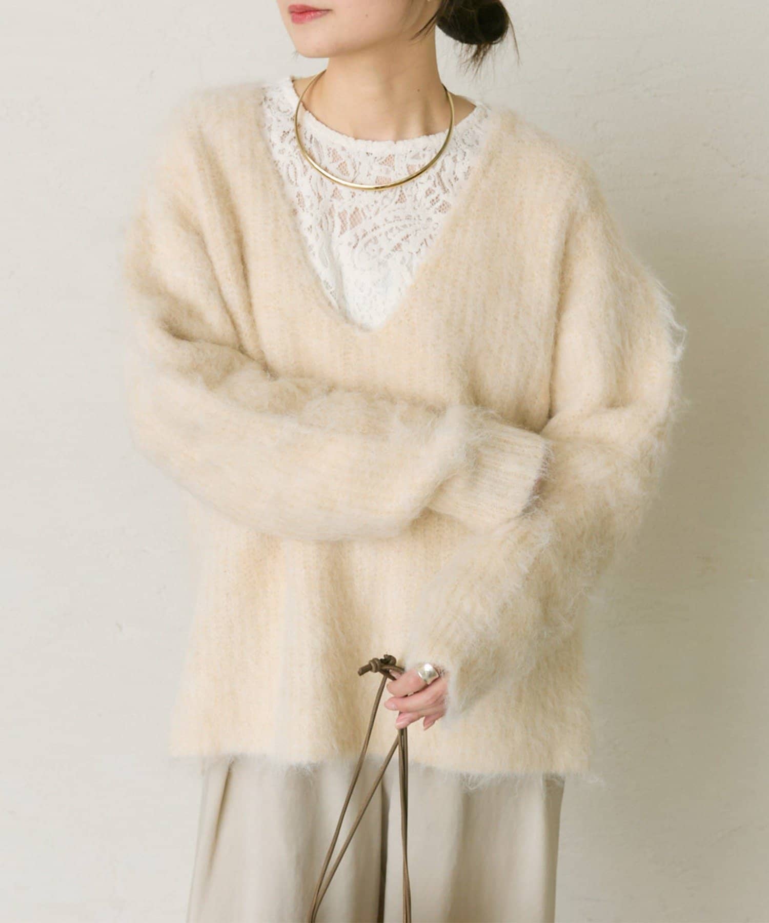 PUAL CE CIN(ピュアルセシン) 起毛Vネックニットプルオーバー