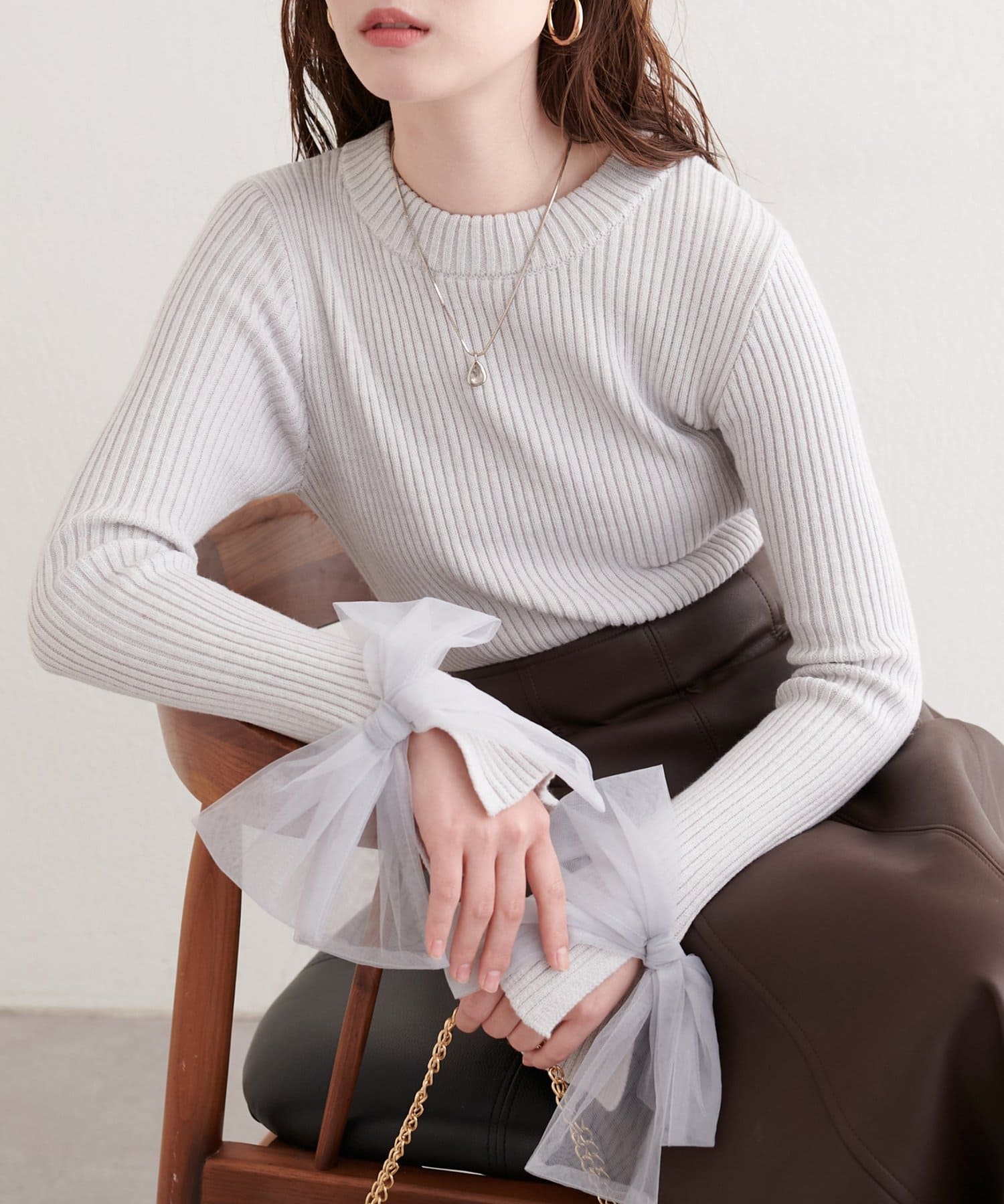 natural couture(ナチュラルクチュール) 袖口チュールリボンニット