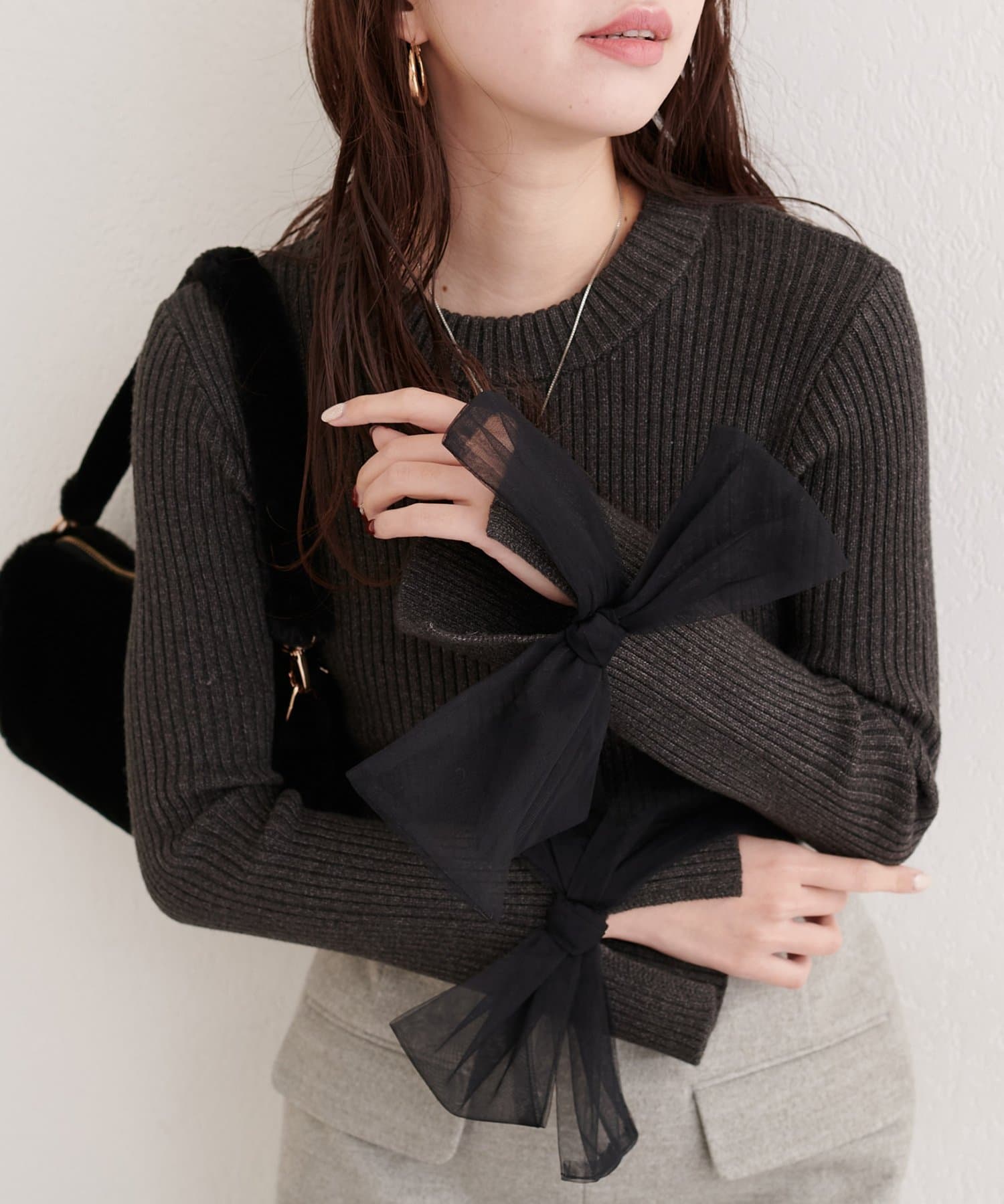 natural couture(ナチュラルクチュール) 袖口チュールリボンニット