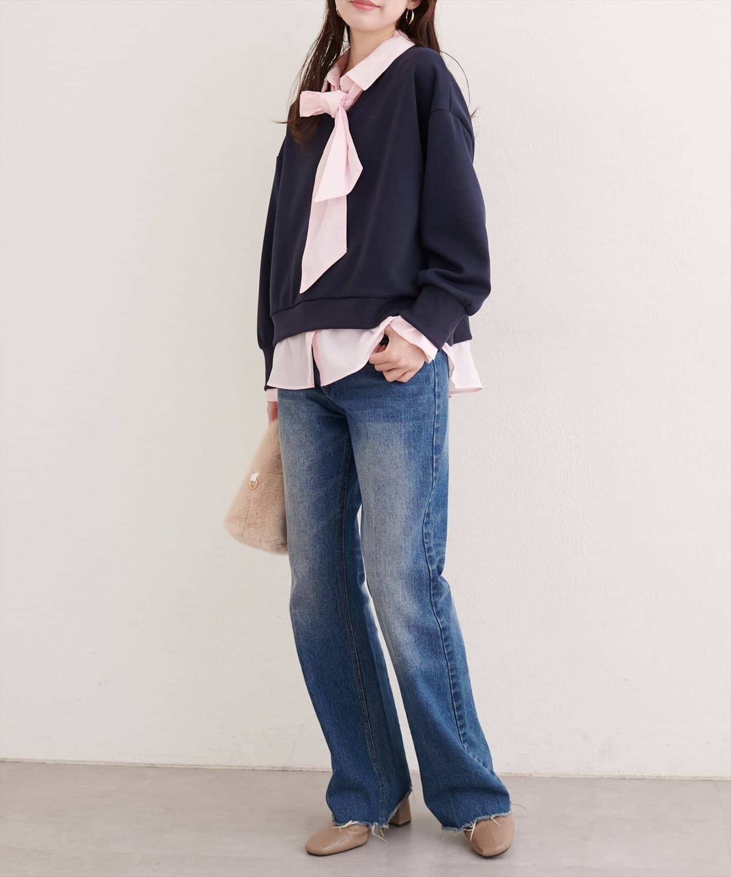 natural couture(ナチュラルクチュール) ボウタイ付きシャツレイヤードプルオーバー