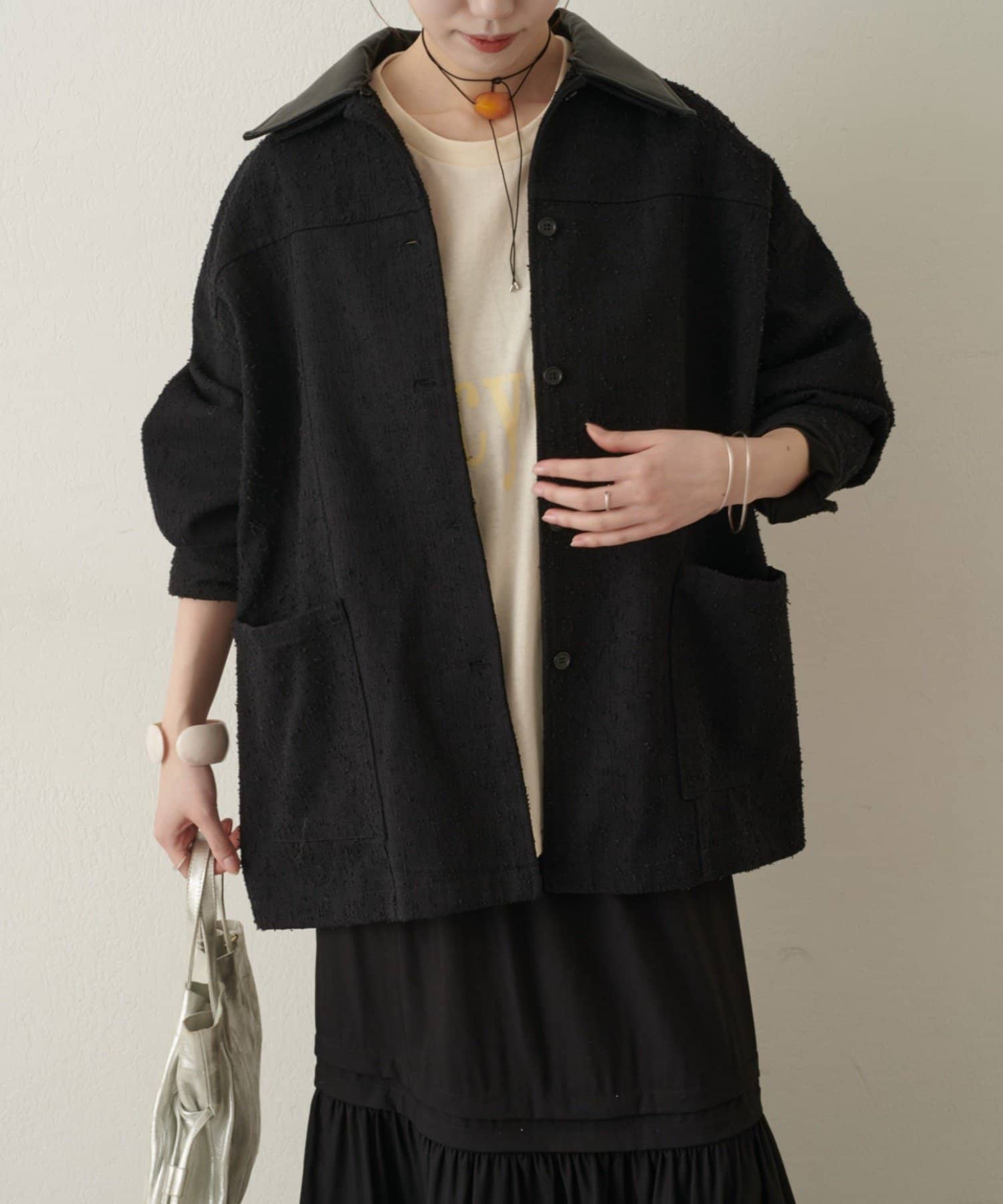 Omekashi(オメカシ) レザー襟取り外しカバーオール