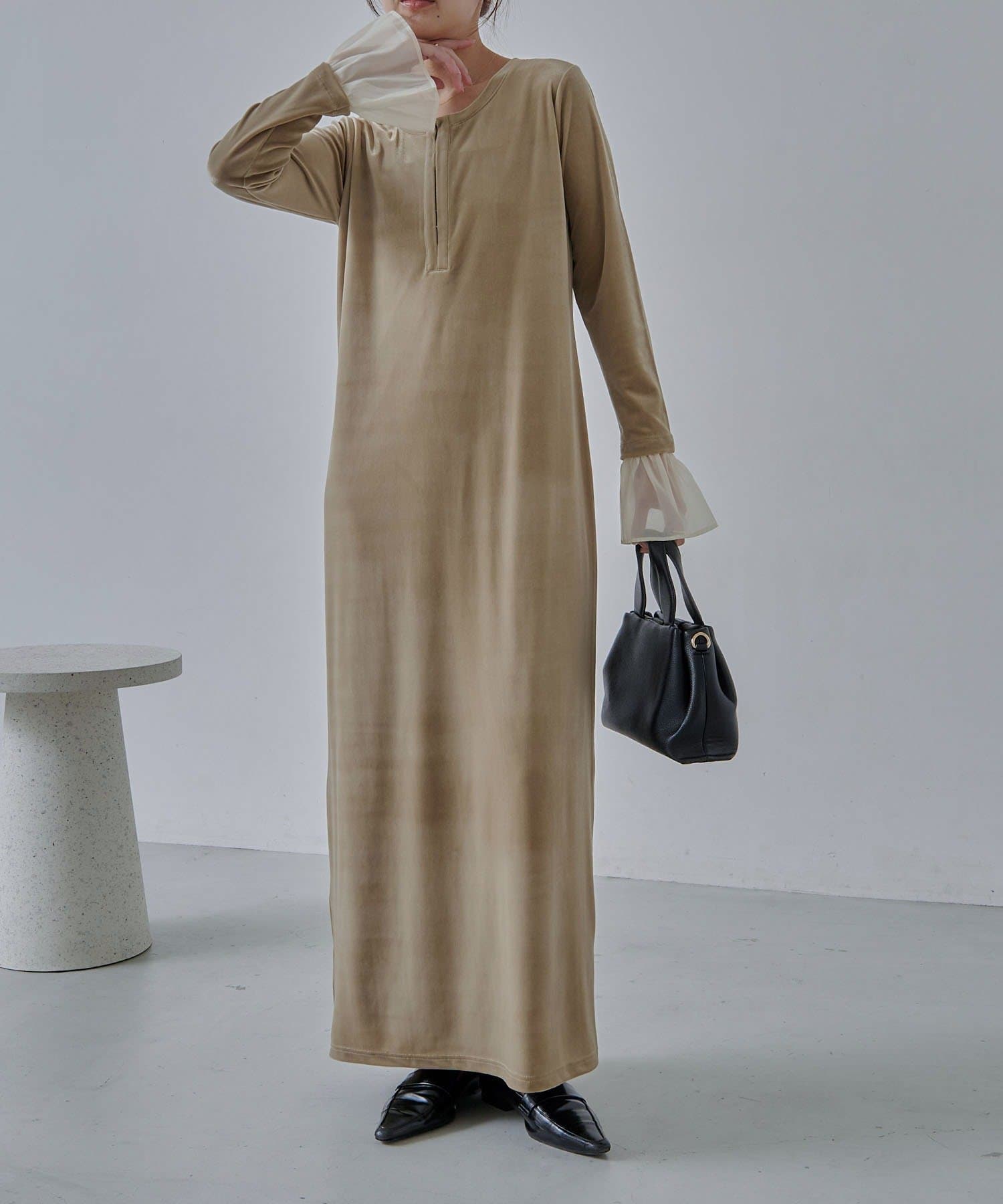 CAPRICIEUX LE'MAGE(カプリシュレマージュ) 【低身長サイズあり】フレアスリーブベロアワンピース