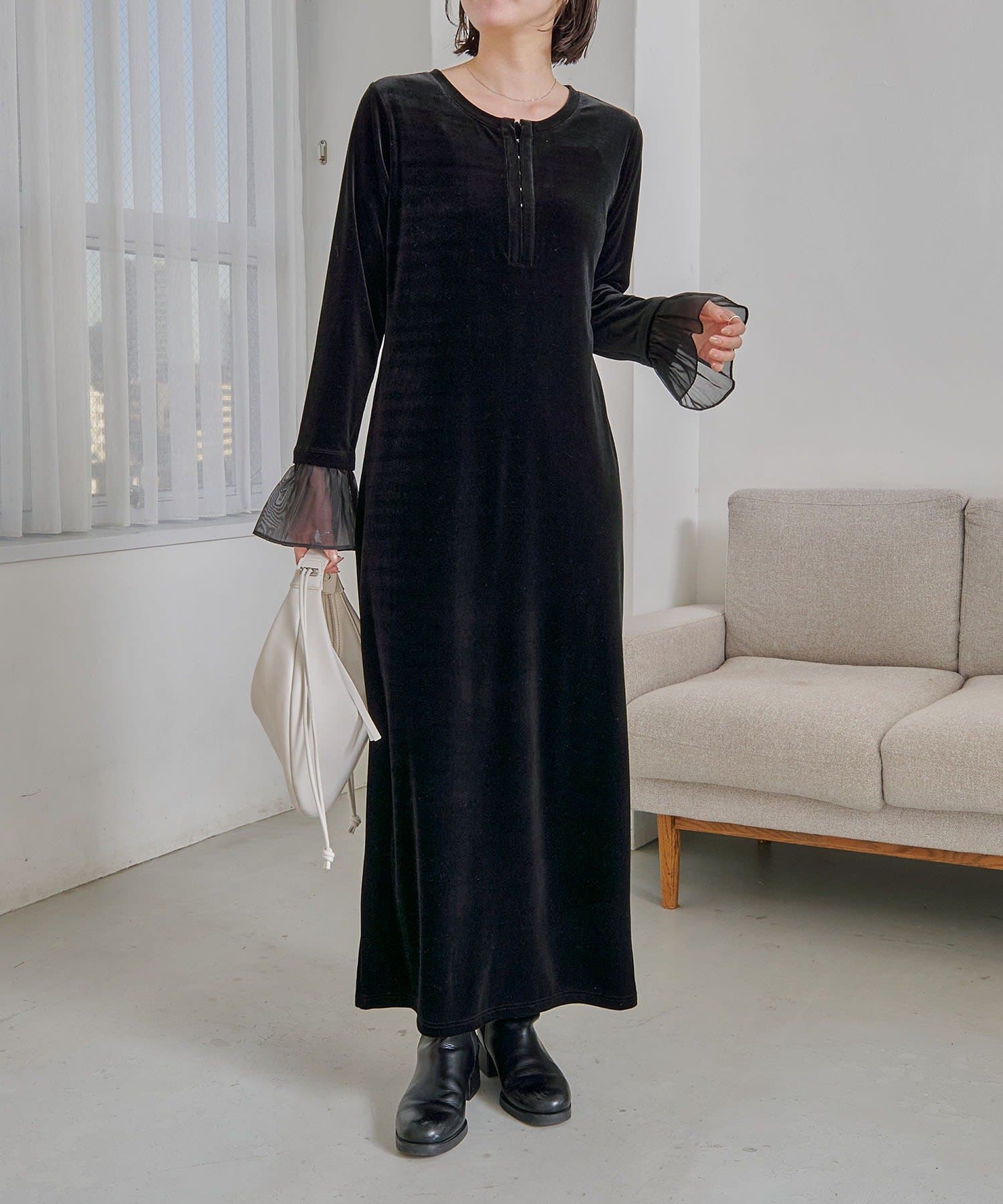 CAPRICIEUX LE'MAGE(カプリシュレマージュ) 【低身長サイズあり】フレアスリーブベロアワンピース