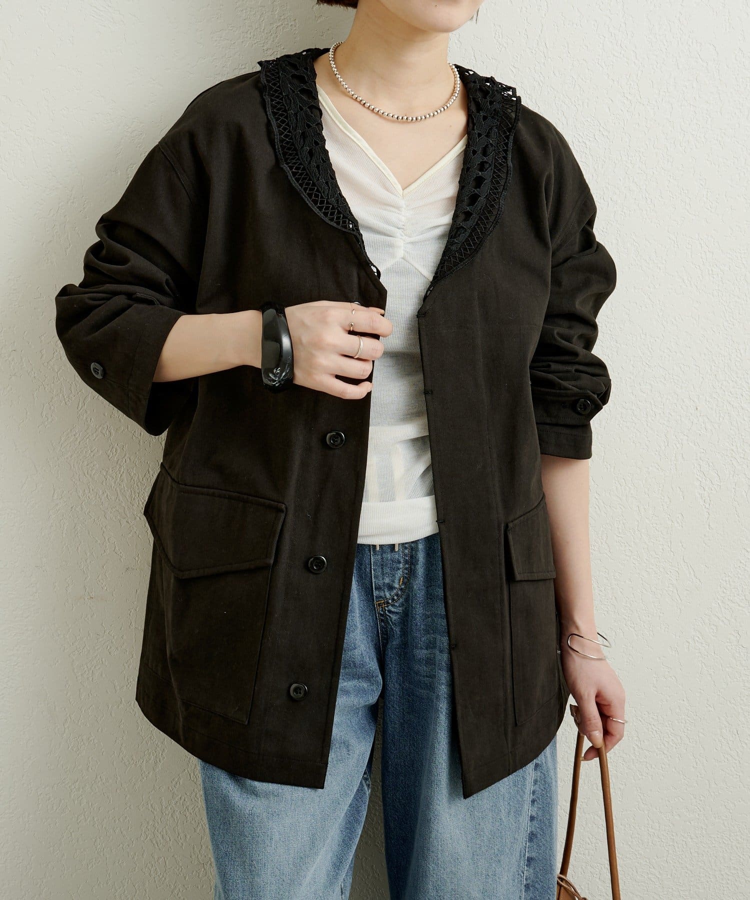 Omekashi(オメカシ) 襟レース付きミリタリージャケット
