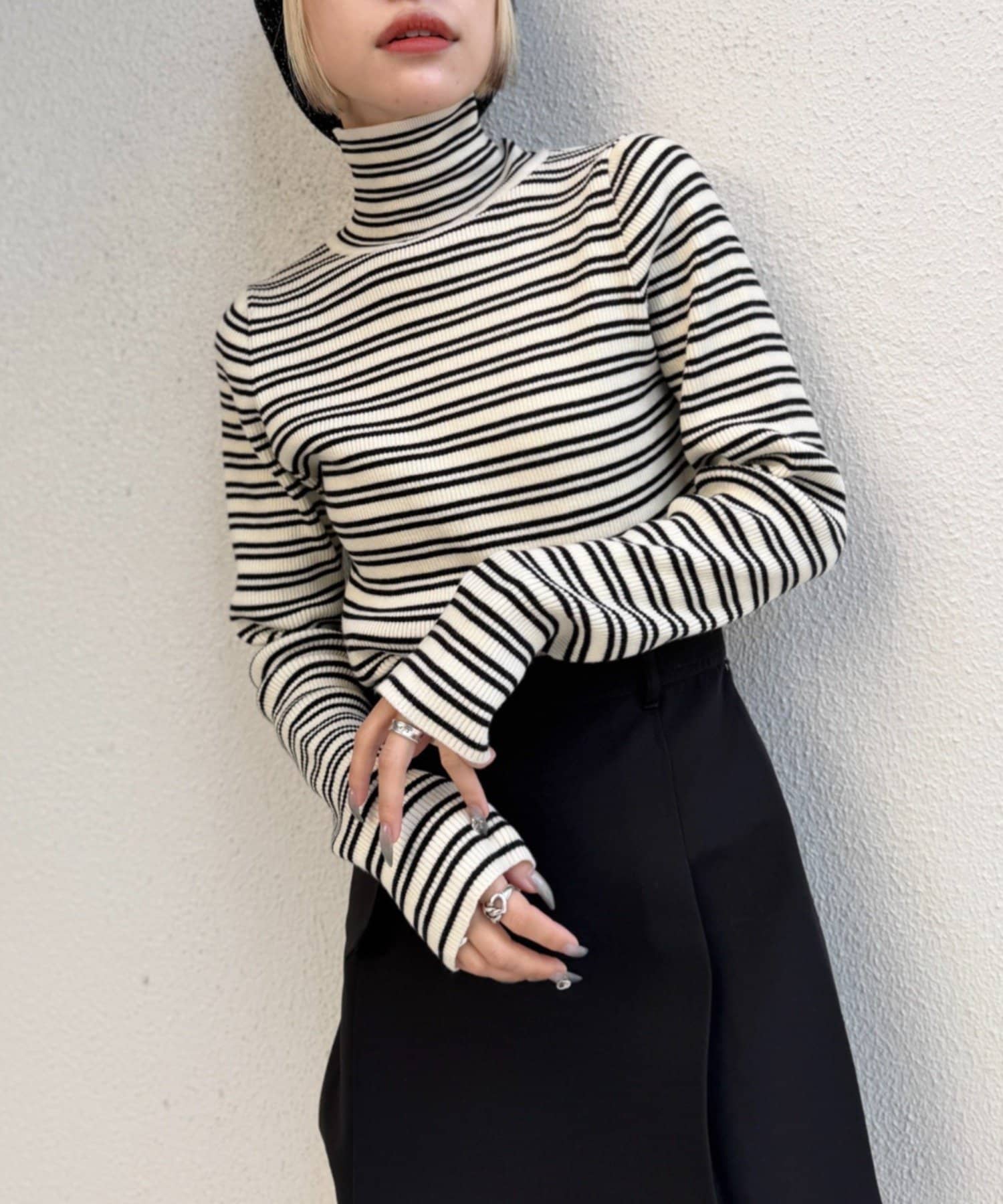 w closet(ダブルクローゼット) ボーダータートルニット