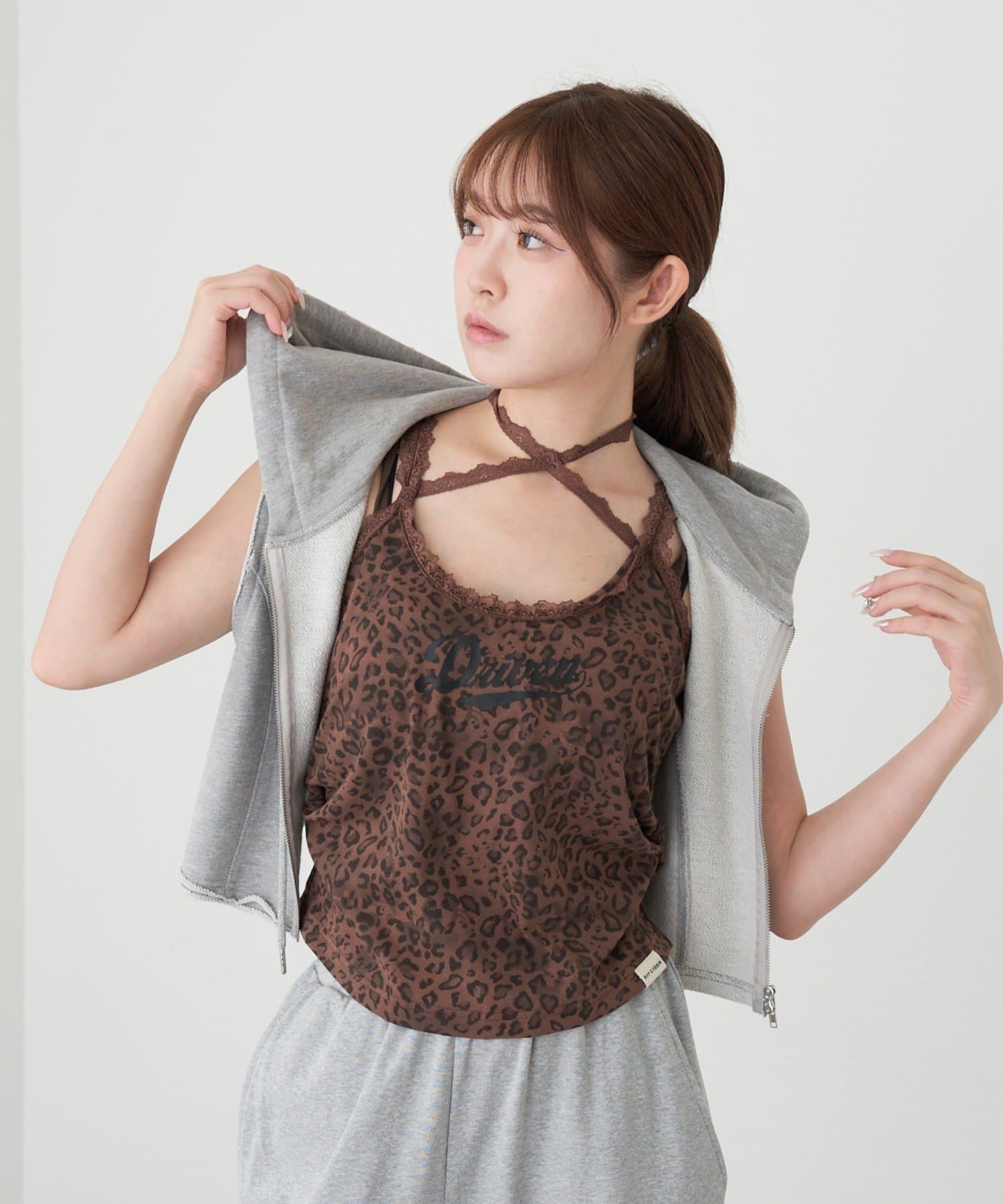 OUTLET(アウトレット) 【RAY CASSIN】レオパードパット付レースロゴレイヤードキャミ