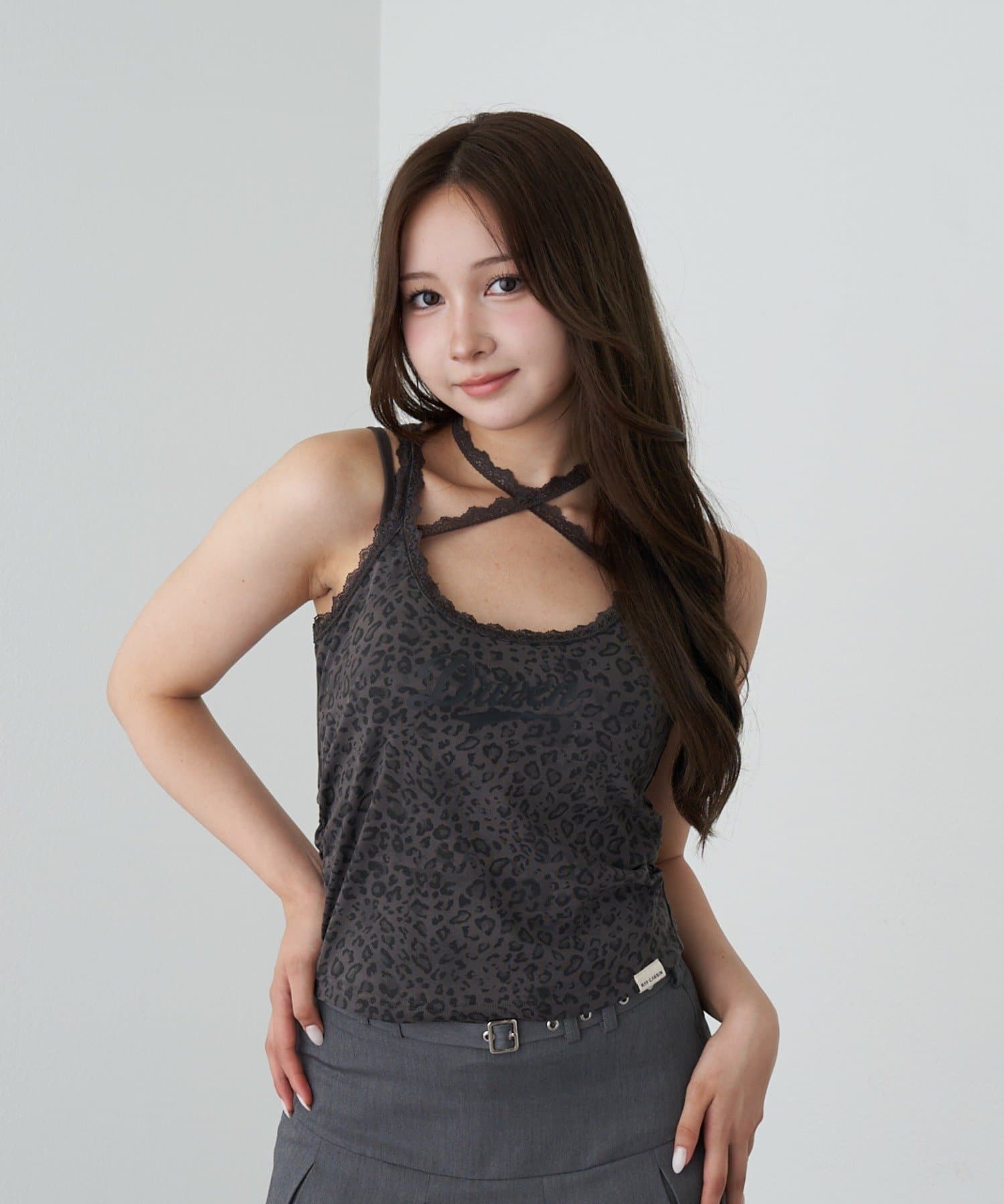 OUTLET(アウトレット) 【RAY CASSIN】レオパードパット付レースロゴレイヤードキャミ