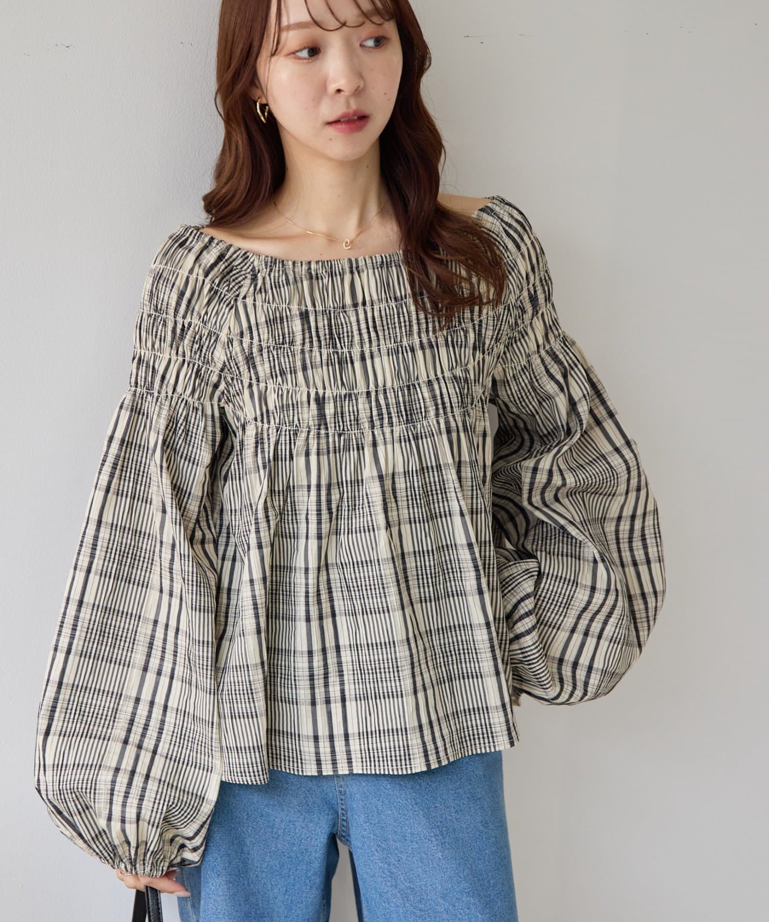 DISCOAT(ディスコート) 【SS先行予約】チェックシャーリングブラウス