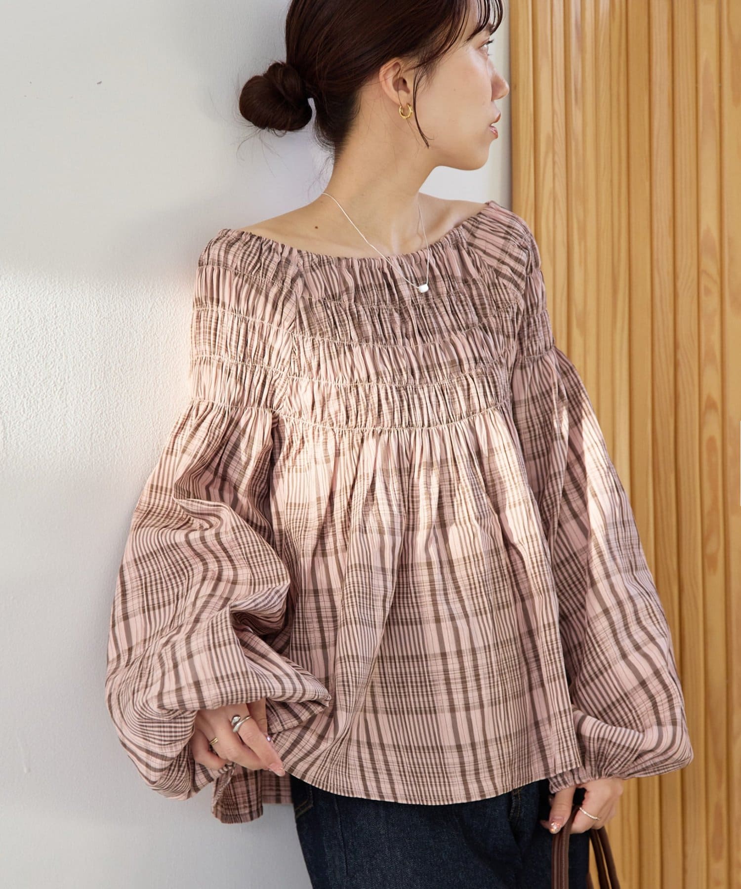 DISCOAT(ディスコート) 【SS先行予約】チェックシャーリングブラウス