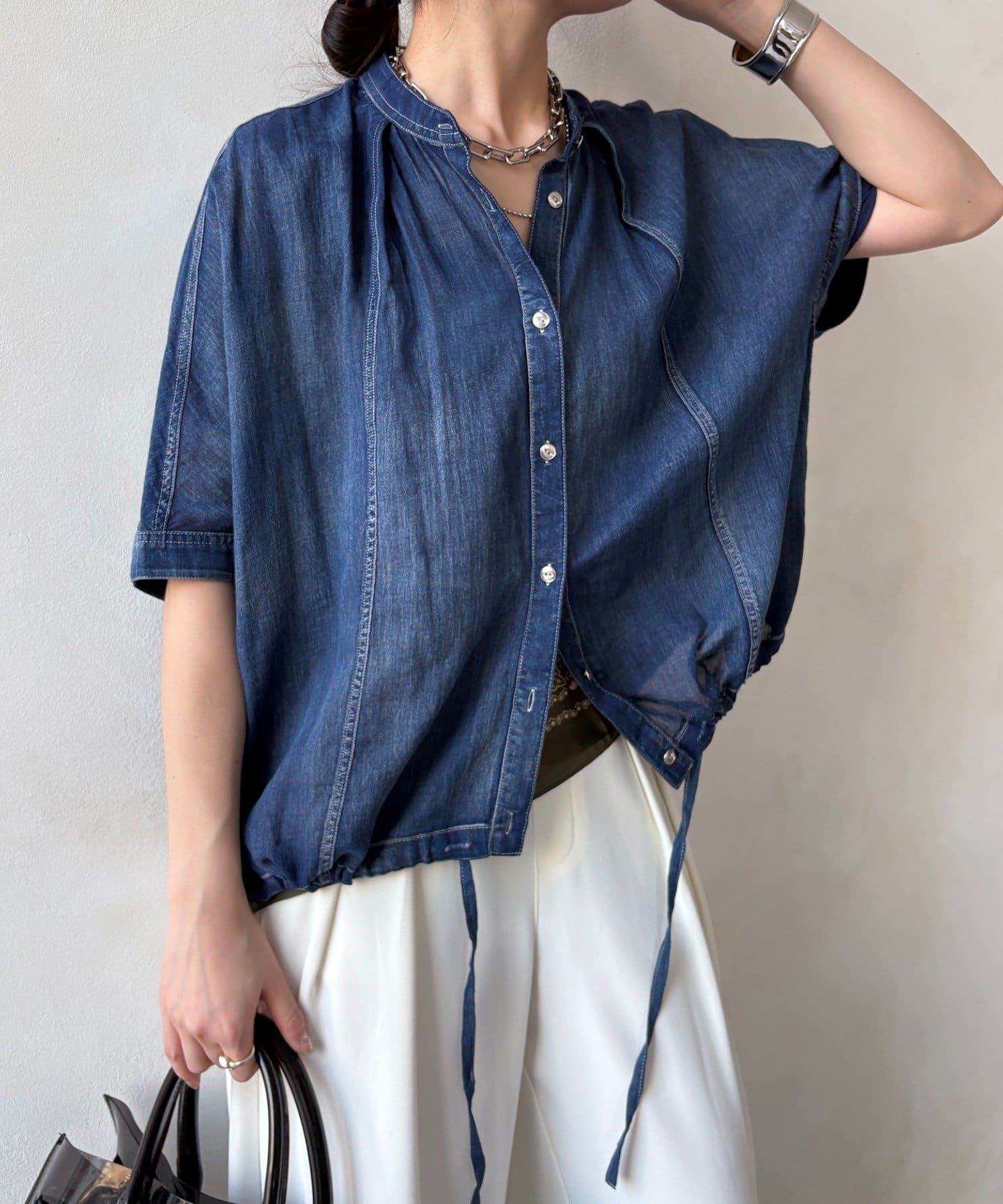 DOUDOU(ドゥドゥ) シアーデニムポンチョ風ブラウス