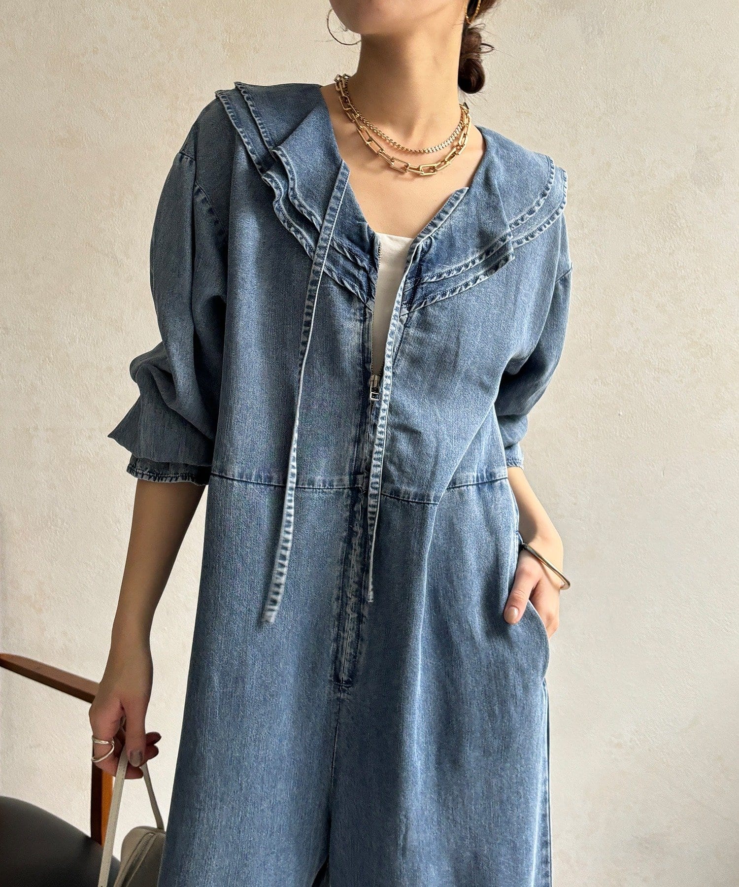 DOUDOU(ドゥドゥ) 【WEB限定】フリルデニムオールイーンワン