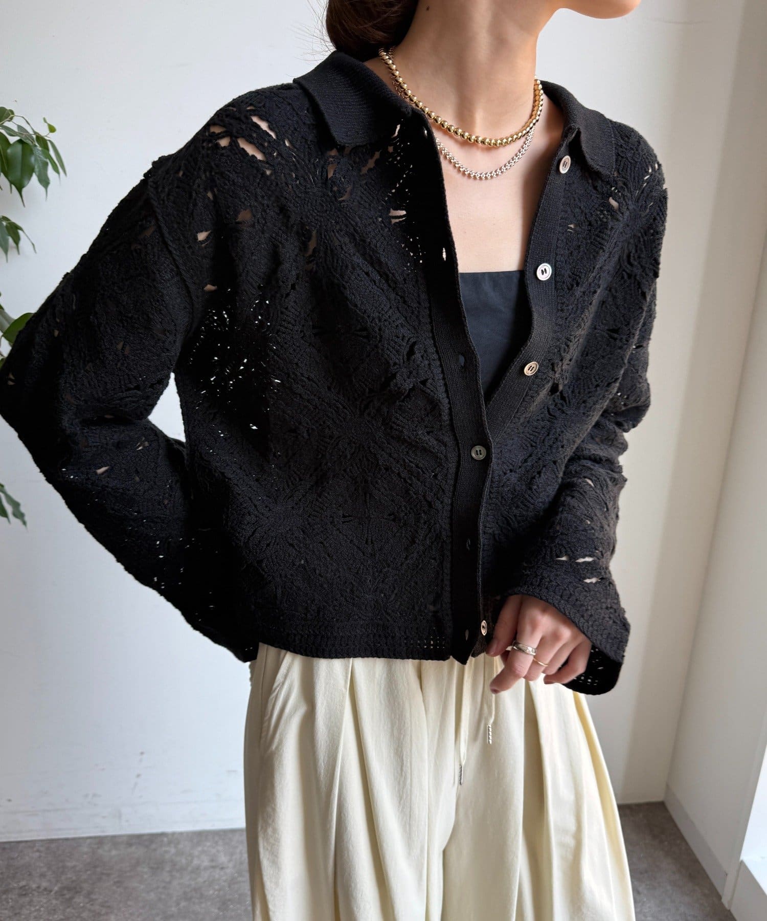 DOUDOU(ドゥドゥ) レース柄襟ツキニットシャツカーディガン