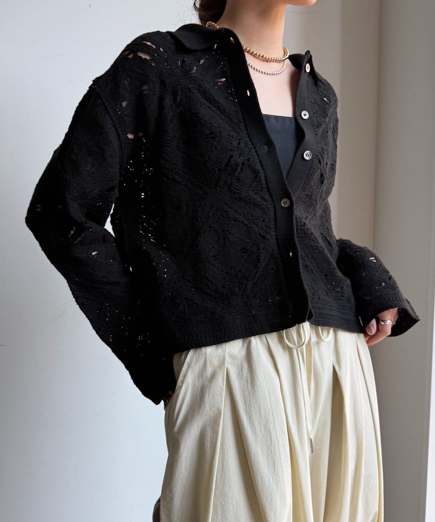 DOUDOU(ドゥドゥ) レース柄襟ツキニットシャツカーディガン