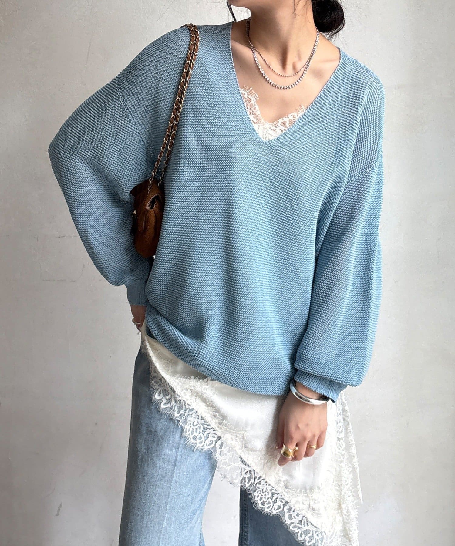 DOUDOU(ドゥドゥ) ガーター深Vプルオーバー