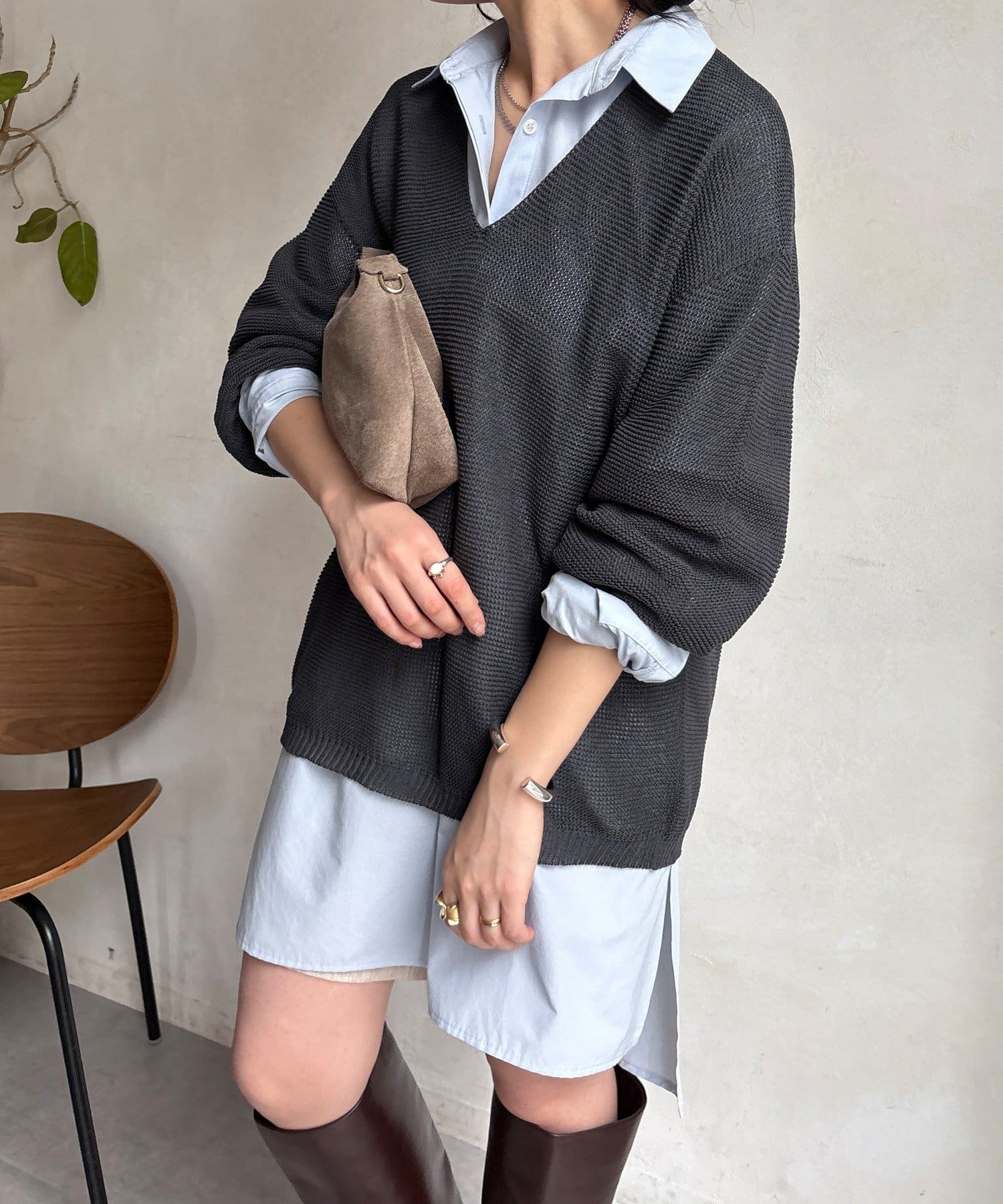 DOUDOU(ドゥドゥ) ガーター深Vプルオーバー