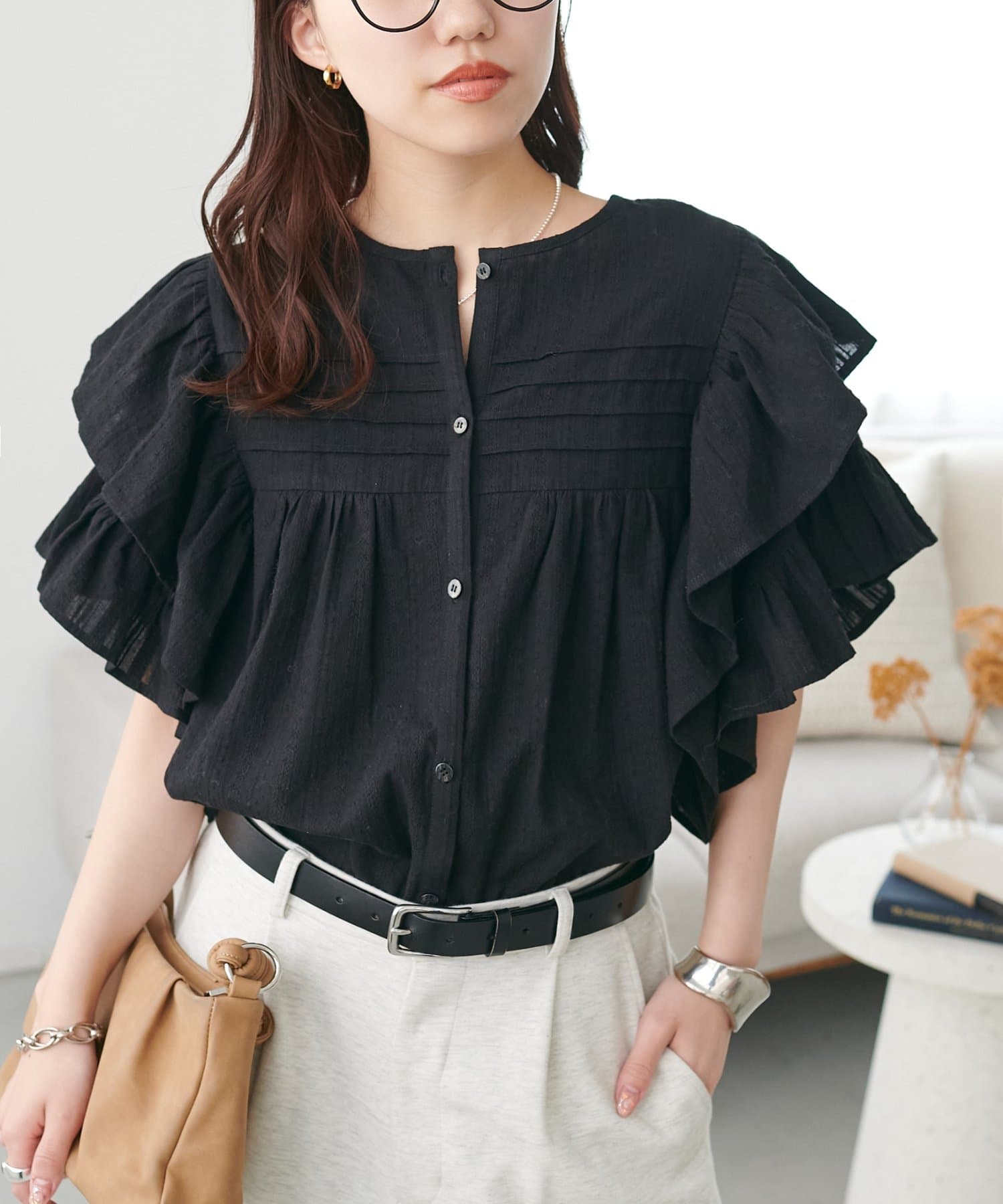 DISCOAT(ディスコート) 【WEB限定】フリル袖ジャガードブラウス