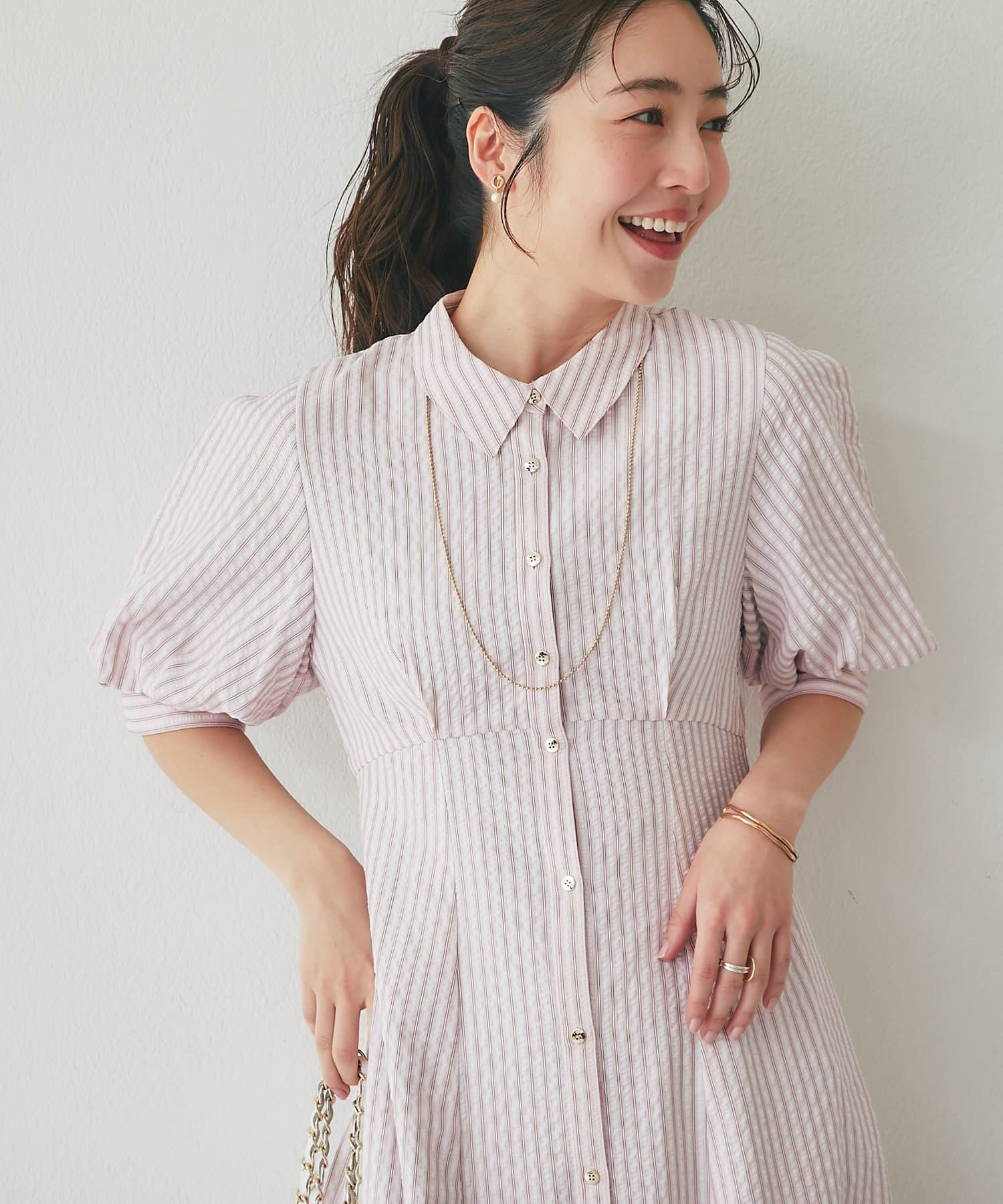 La boutique BonBon(ラブティックボンボン) 【sana監修】ストライプフレアシャツワンピース