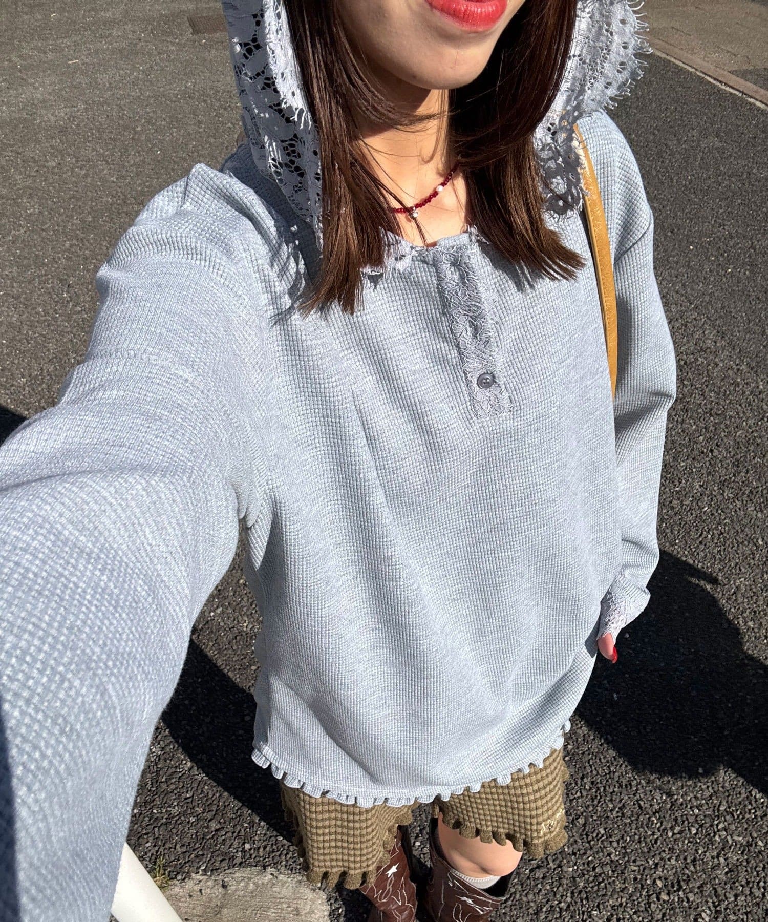 CIAOPANIC(チャオパニック) レースフードワッフルロンTee