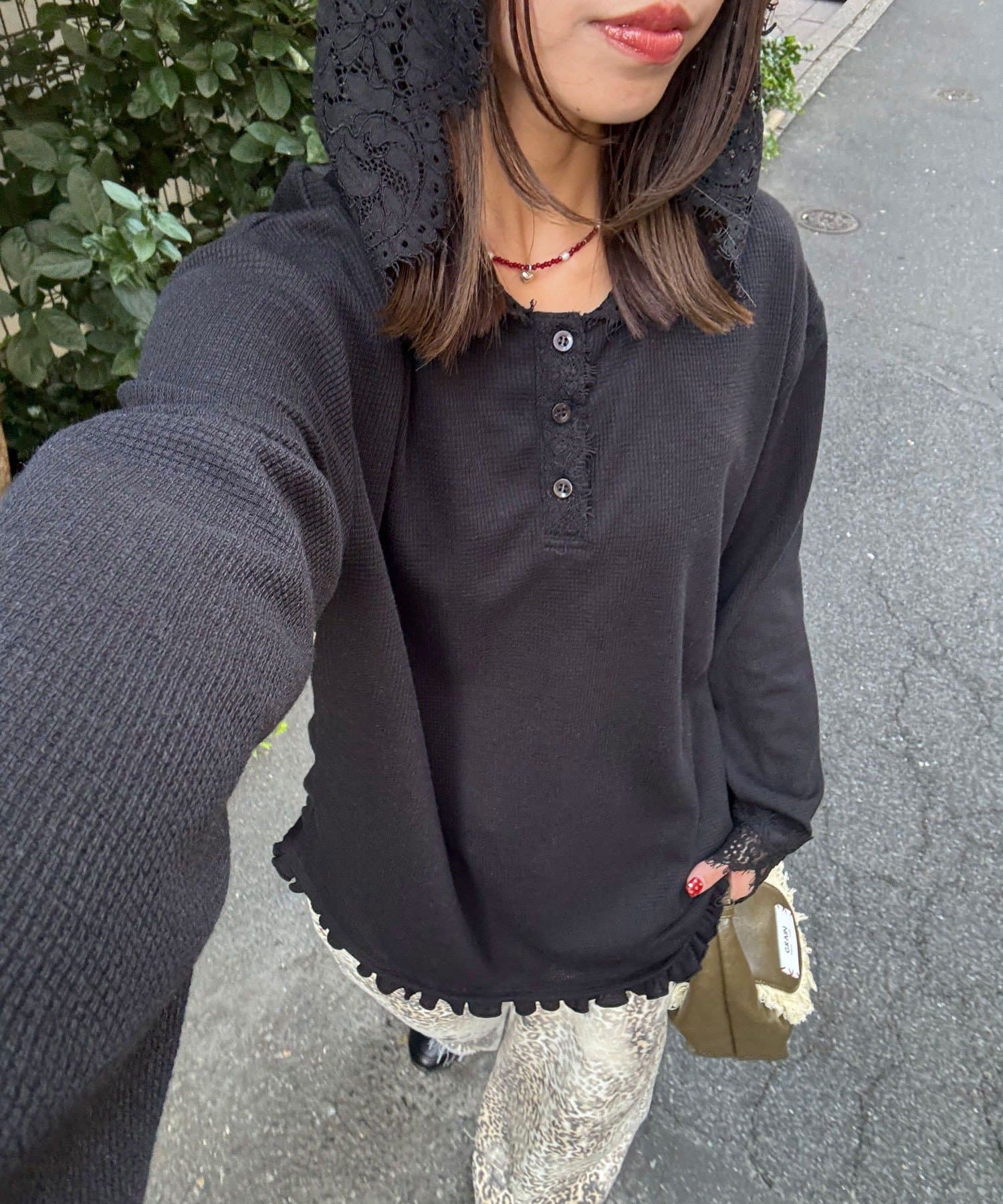 CIAOPANIC(チャオパニック) レースフードワッフルロンTee