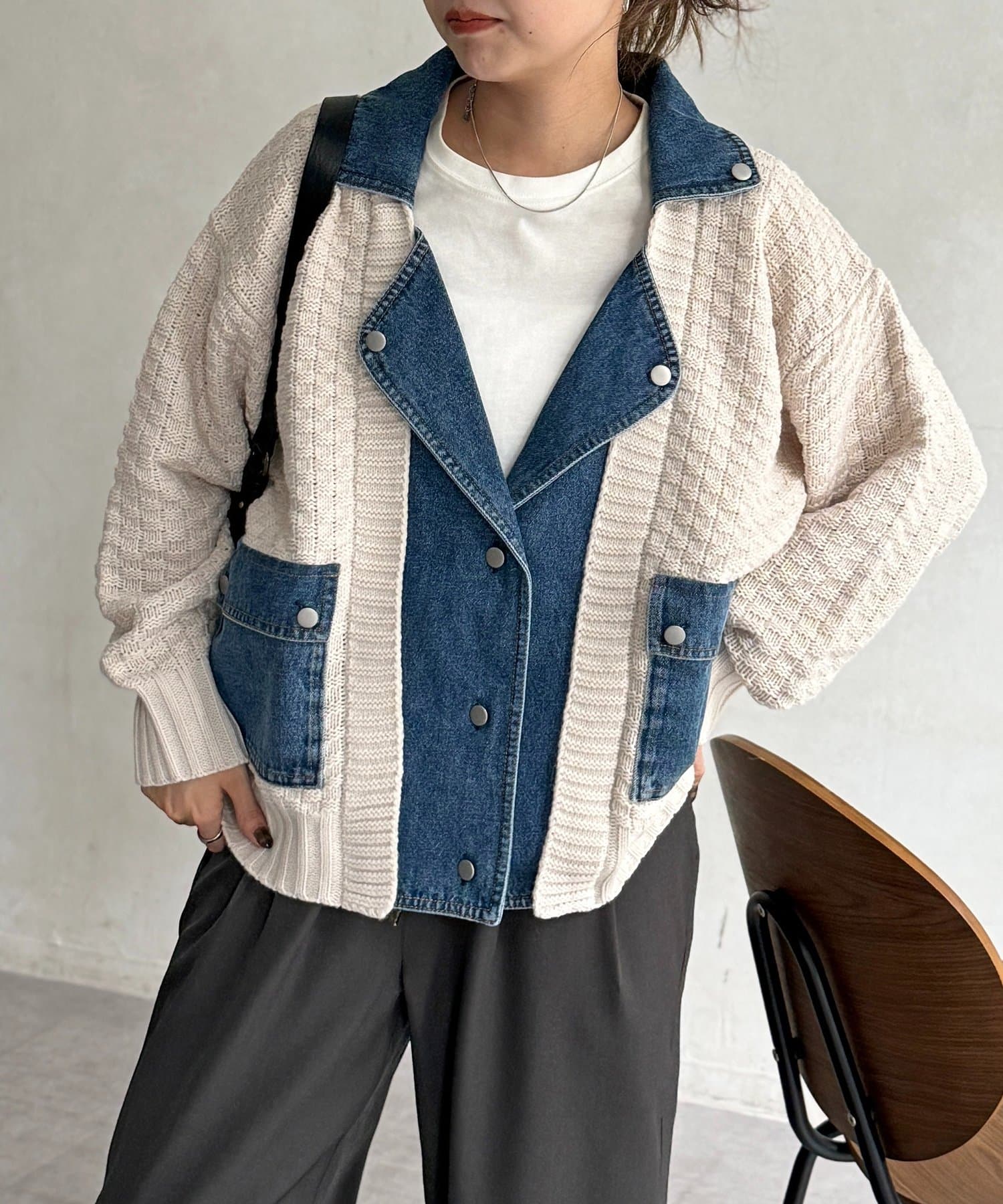 CPCM(シーピーシーエム) デニム切替ニットライダースジャケット