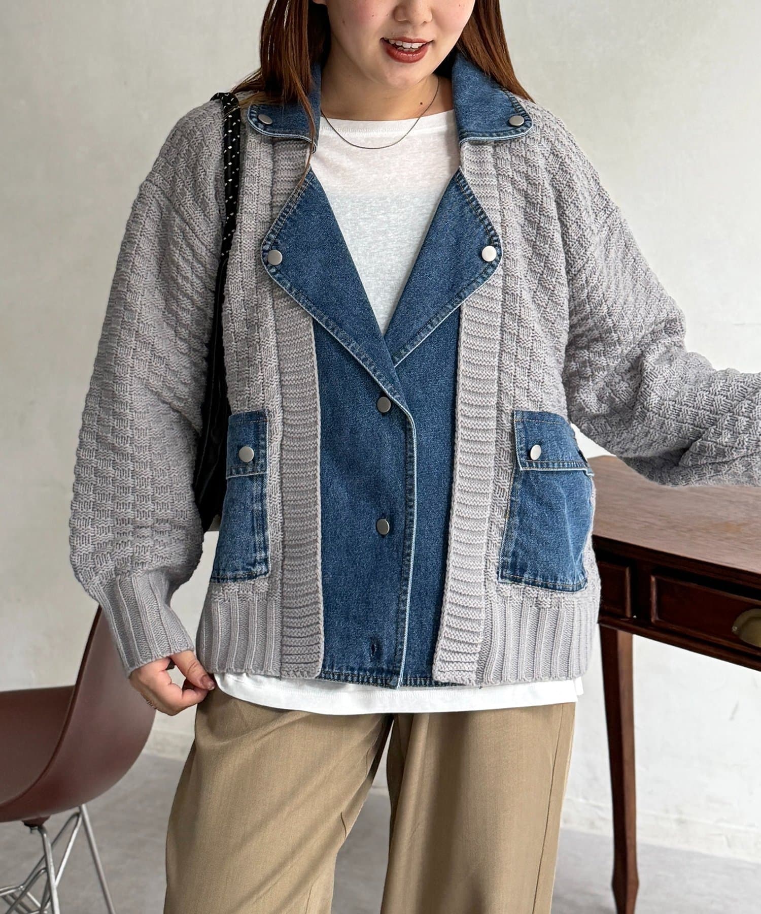 CPCM(シーピーシーエム) デニム切替ニットライダースジャケット