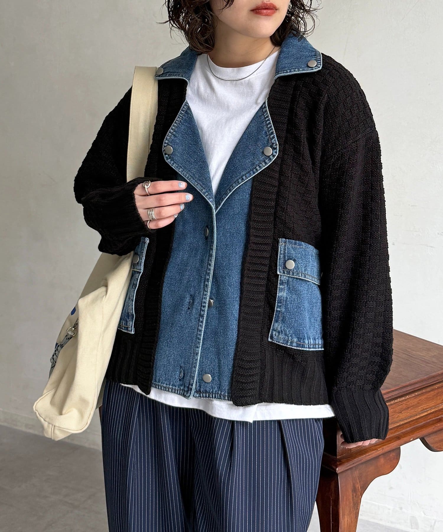 CPCM(シーピーシーエム) デニム切替ニットライダースジャケット
