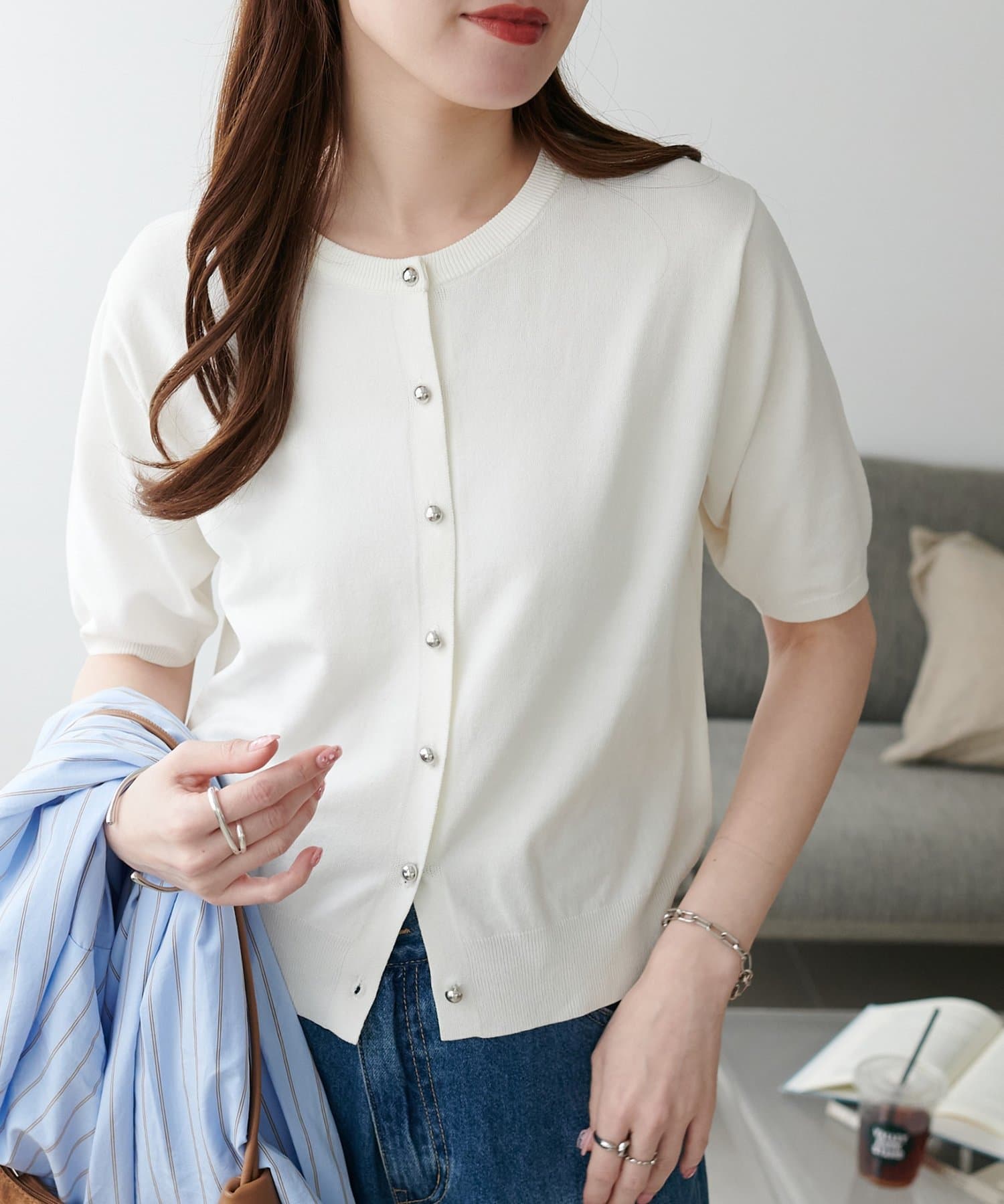 DISCOAT(ディスコート) UVサラモチメタル釦半袖クルーカーディガン