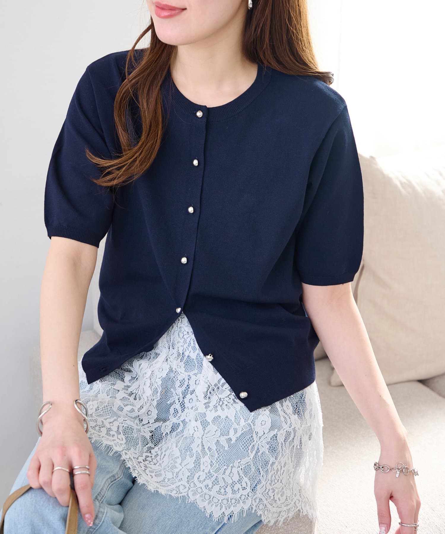 DISCOAT(ディスコート) UVサラモチメタル釦半袖クルーカーディガン