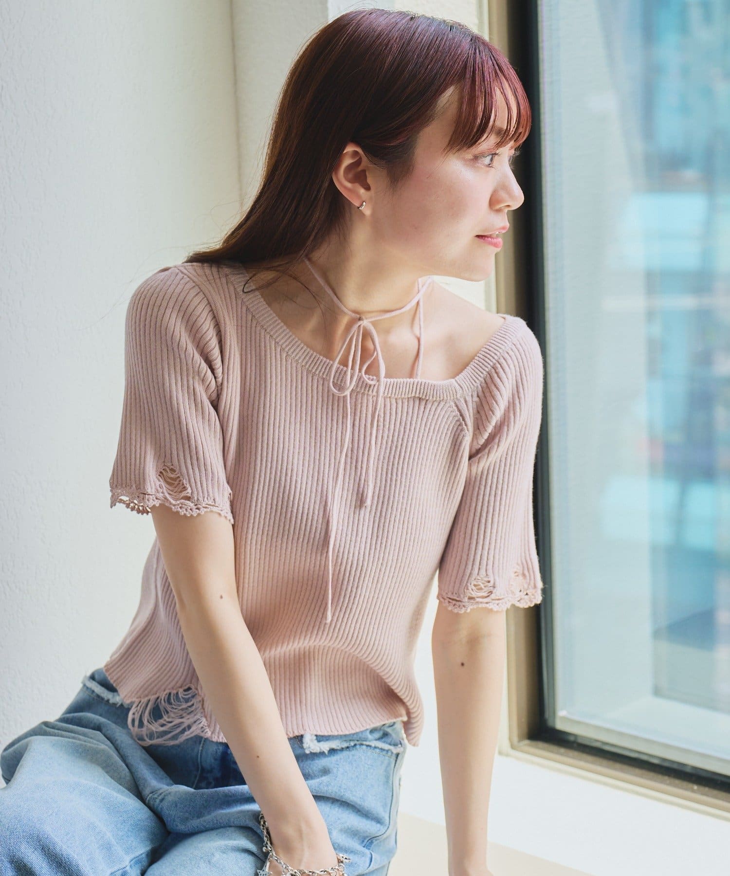 OUTLET(アウトレット) 【Kastane】ダメージクロシェリブ半袖ニット