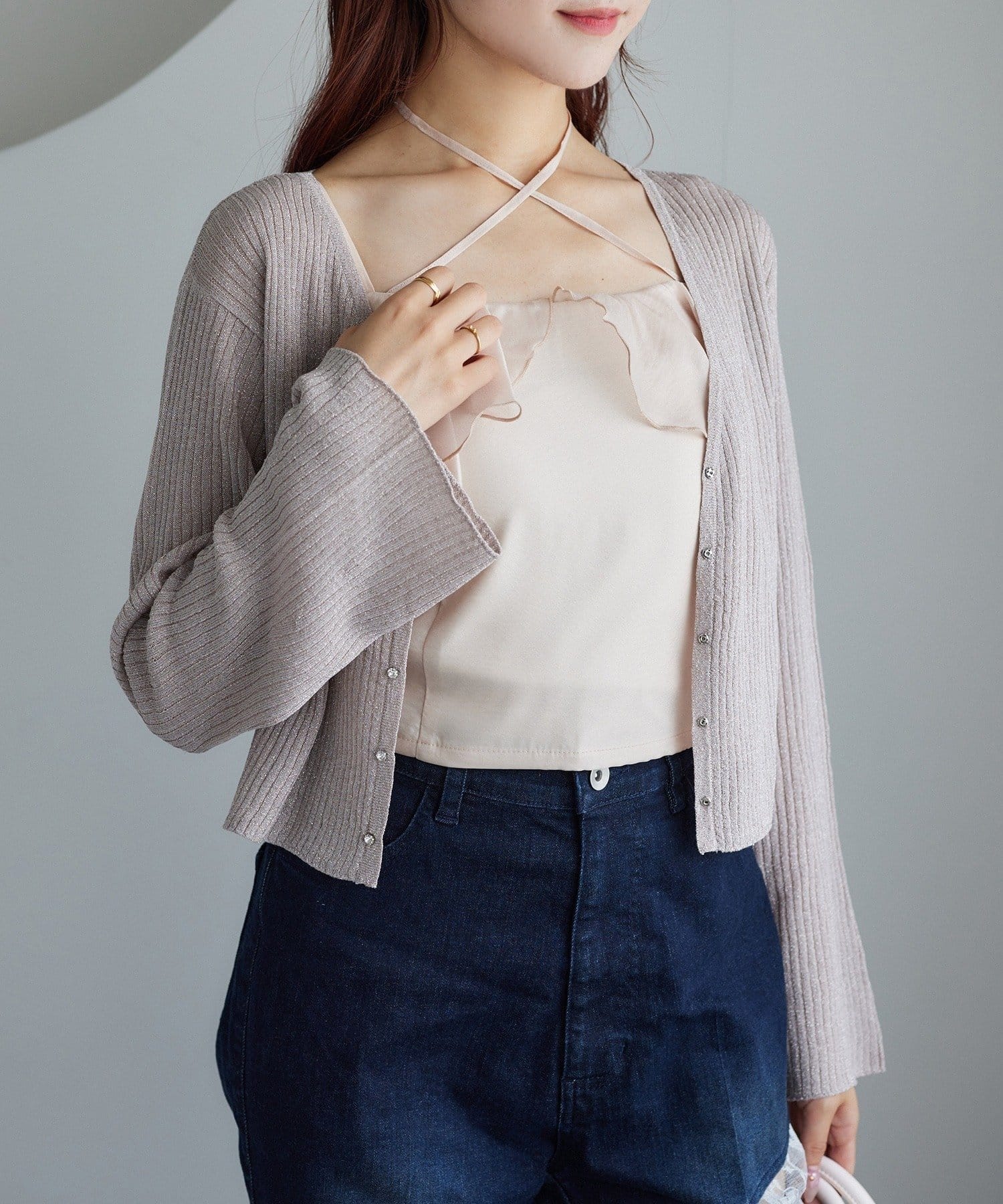 NICE CLAUP / OLIVE des OLIVE OUTLET(ナイスクラップ  / オリーブ デ オリーブ アウトレット) 【one after another】ビジュー釦ラメシアーカーデ