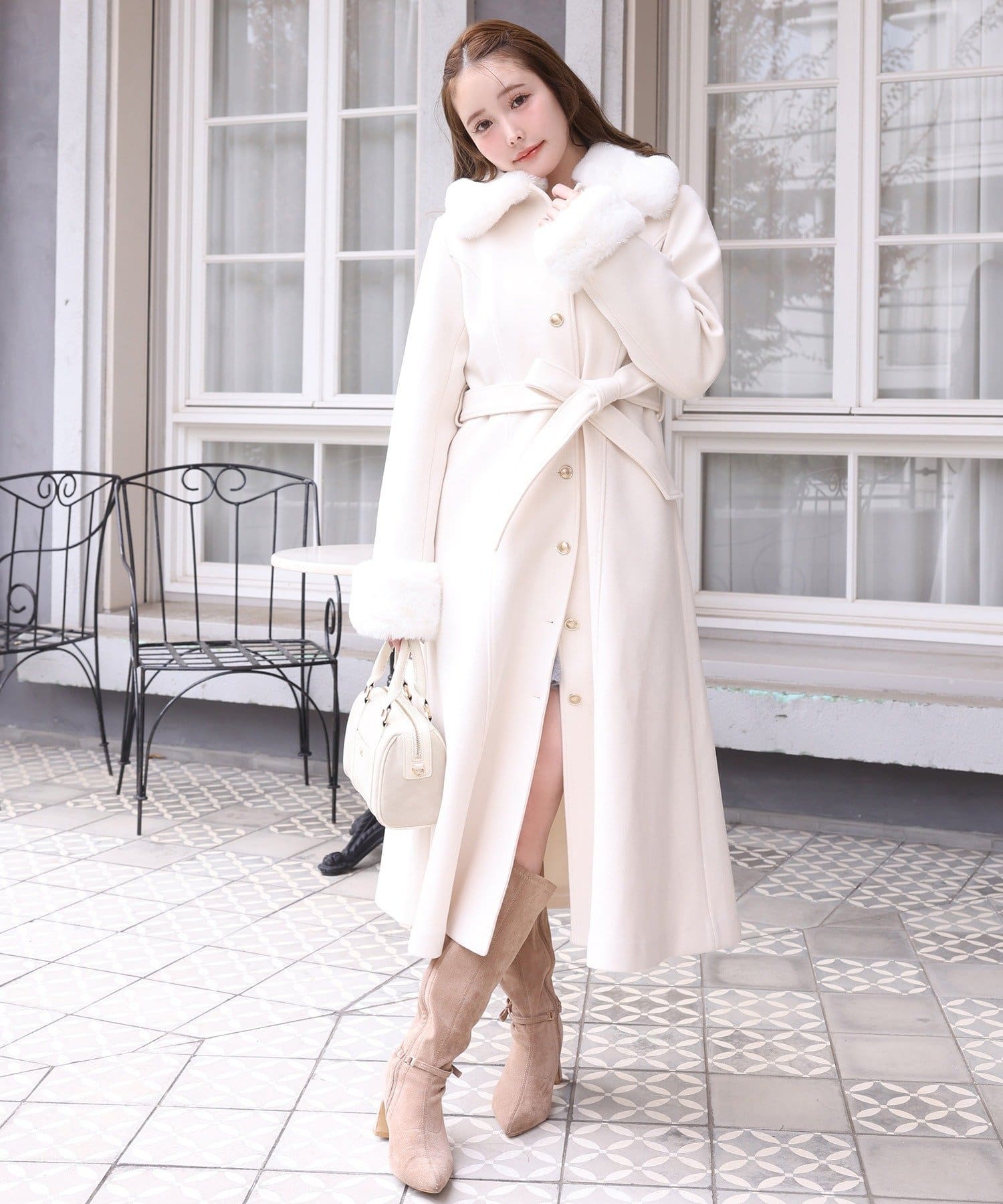 one after another NICE CLAUP(ワンアフターアナザー ナイスクラップ) 【サイス展開あり】襟/袖ファーマルチリボンロングコート