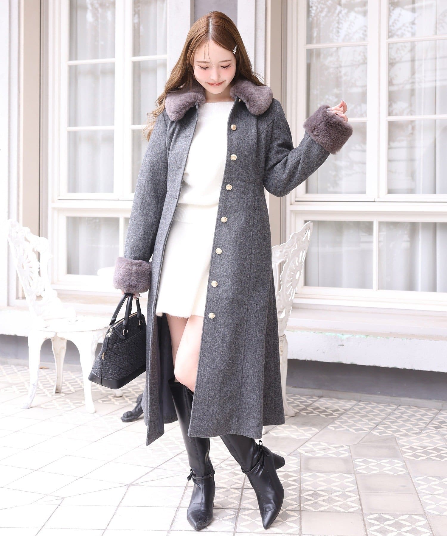 one after another NICE CLAUP(ワンアフターアナザー ナイスクラップ) 【サイス展開あり】襟/袖ファーマルチリボンロングコート