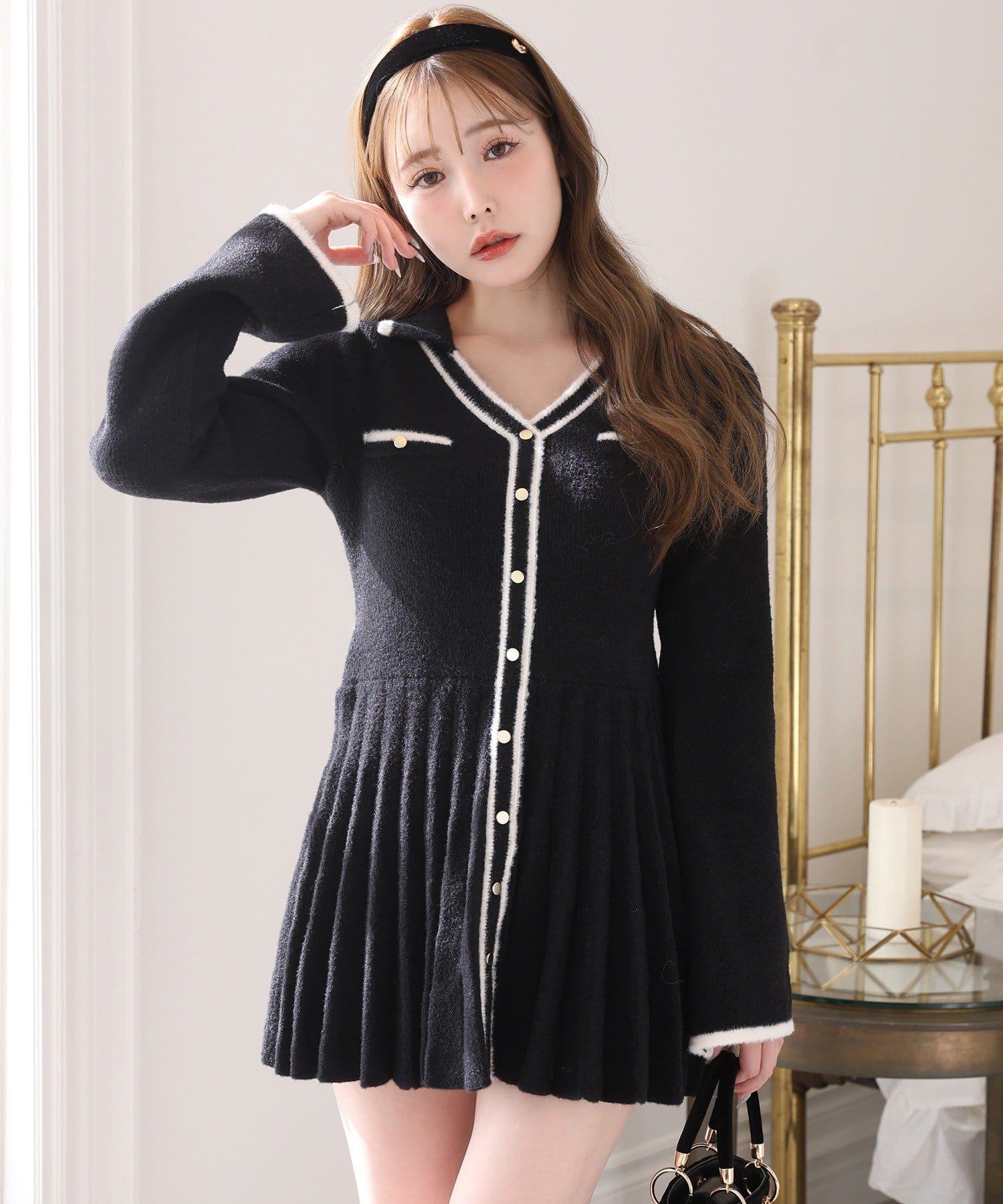 one after another NICE CLAUP(ワンアフターアナザー ナイスクラップ) 襟付き配色ニットミニワンピース