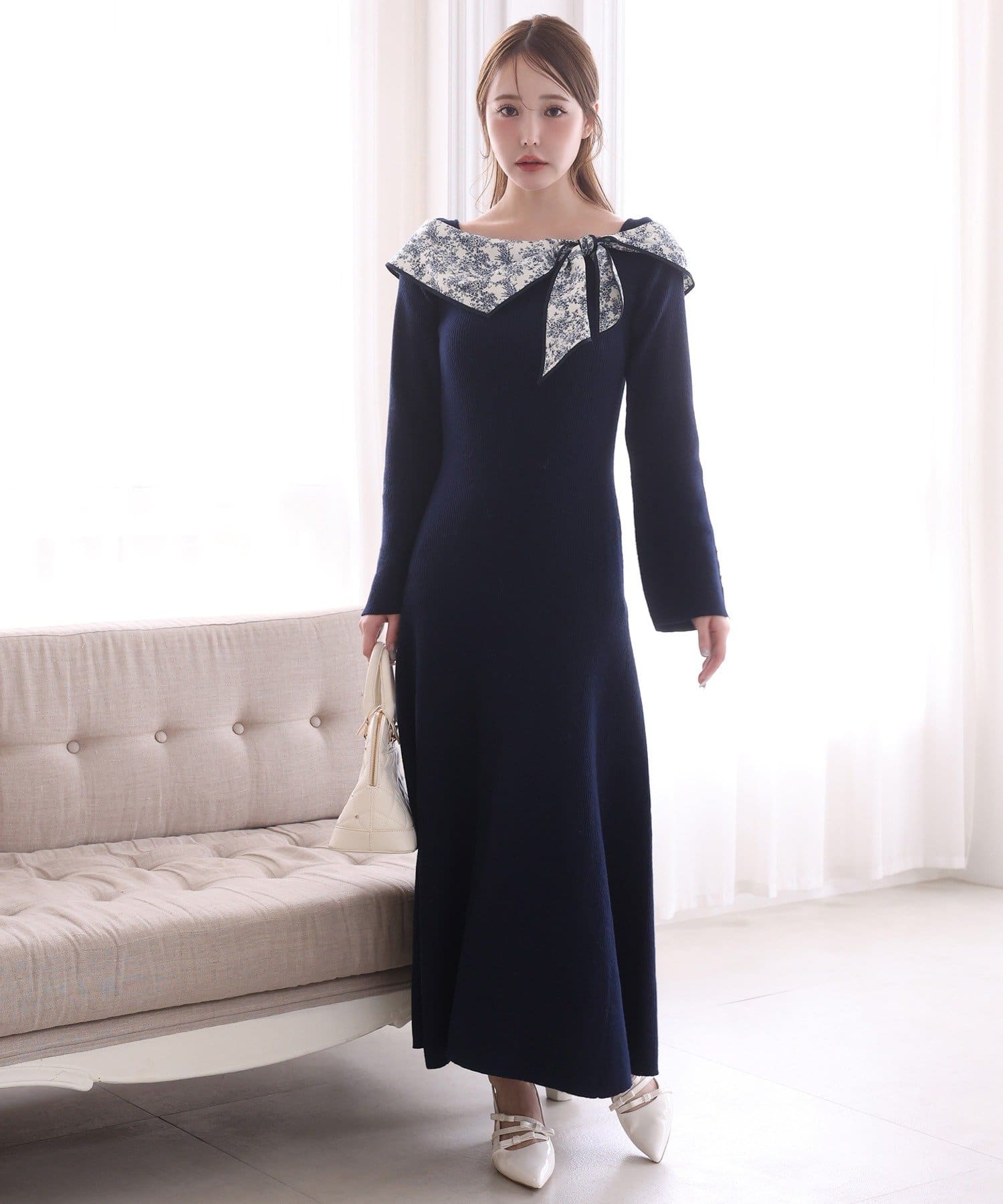 one after another NICE CLAUP(ワンアフターアナザー ナイスクラップ) 異素材リボンニットロングワンピース