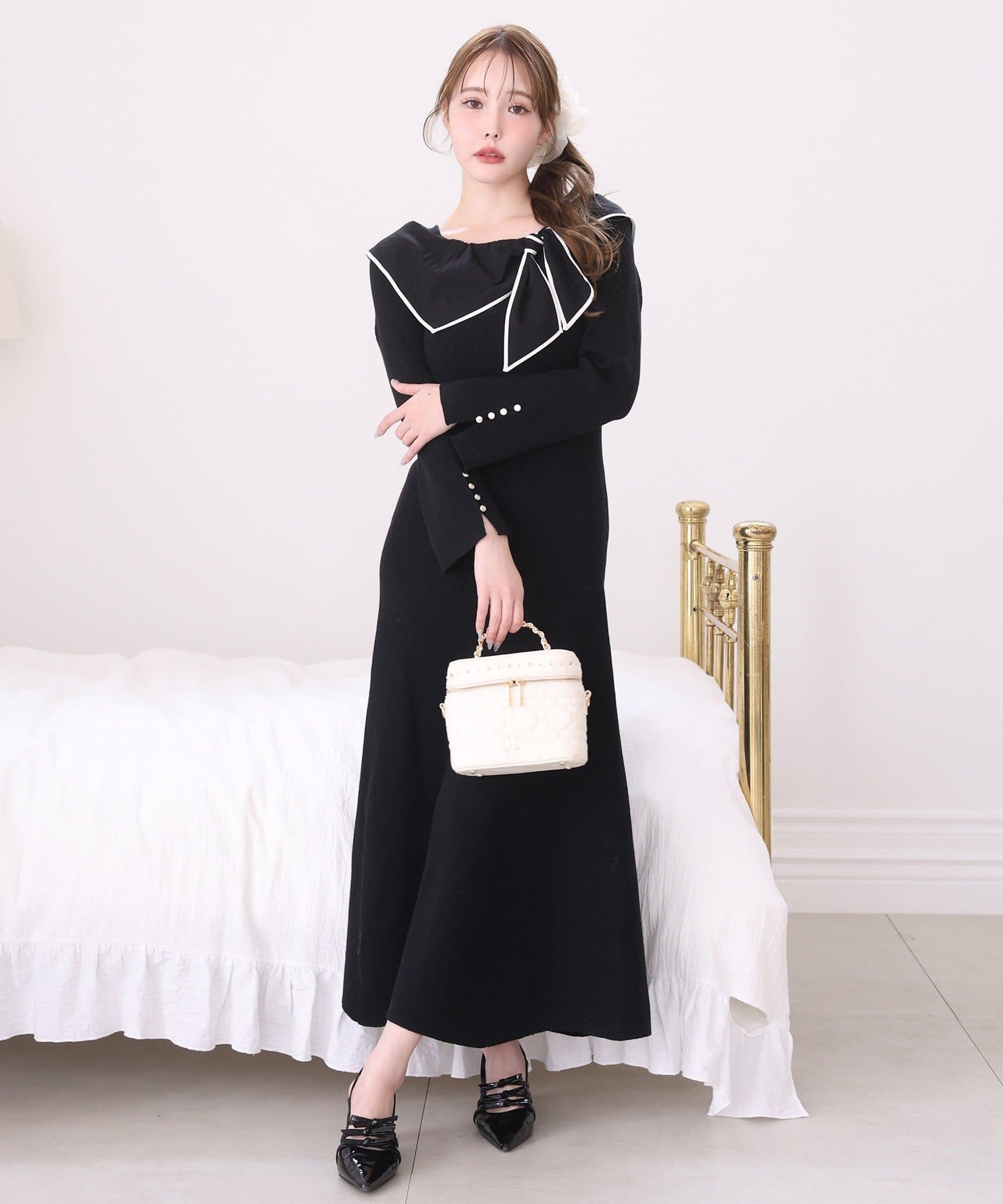 one after another NICE CLAUP(ワンアフターアナザー ナイスクラップ) 異素材リボンニットロングワンピース