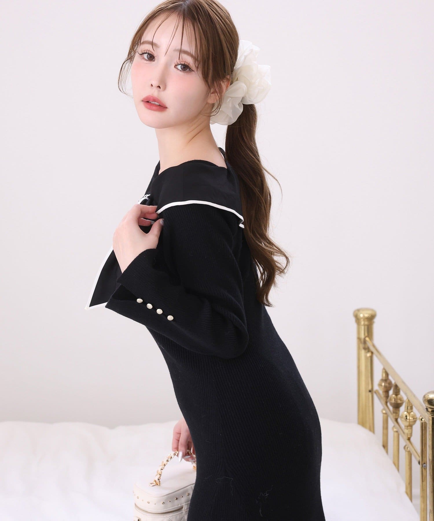 one after another NICE CLAUP(ワンアフターアナザー ナイスクラップ) 異素材リボンニットロングワンピース